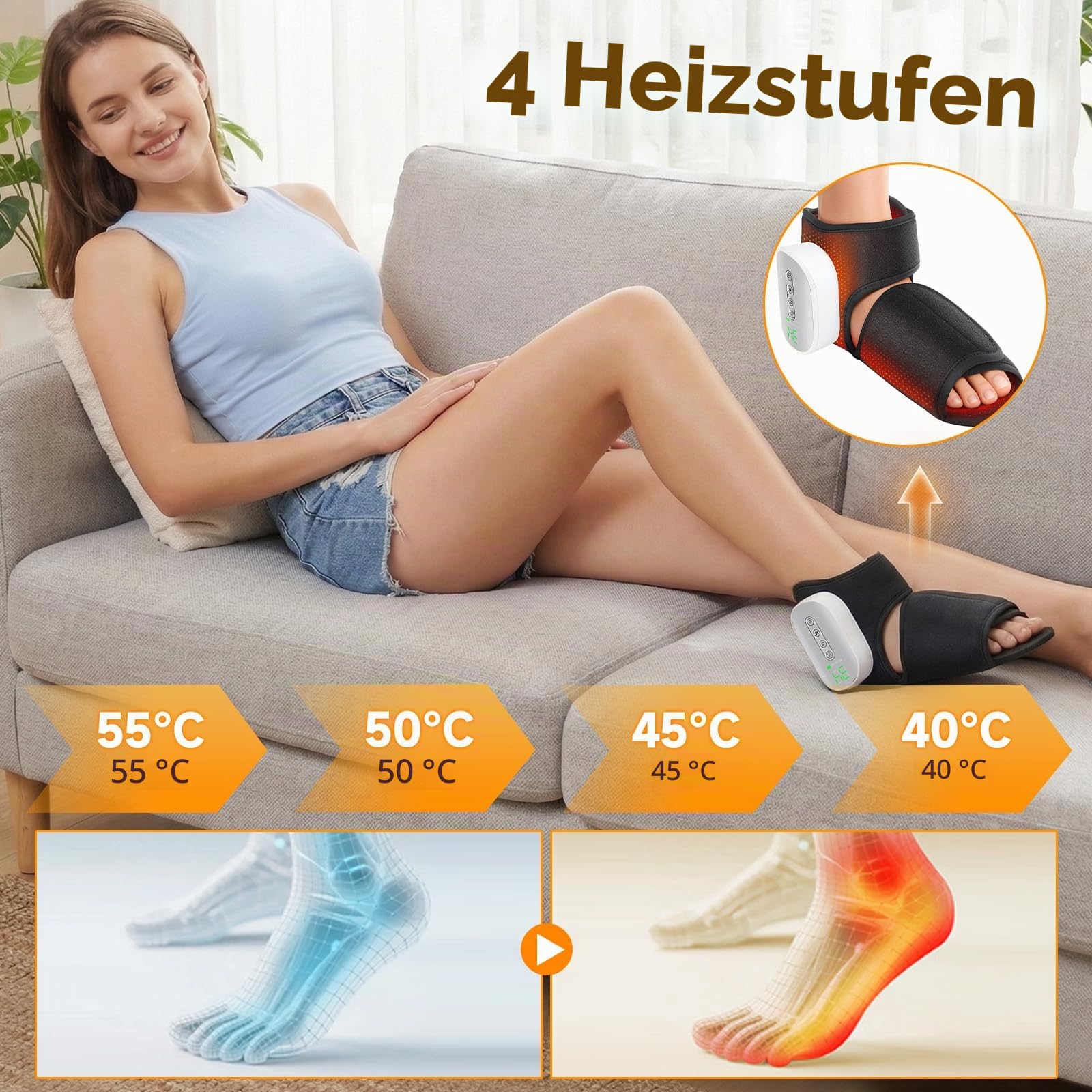 Kabelloses Fußmassagegerät, 4-in-1 Fussmassagegerät Elektrisch mit 4 Wärme | 3 Luftkompression, 4 Airbag-Massagestufen, 3000mAh Akku, Timer, Tragbar, für Schmerzlinderung & Durchblutung
