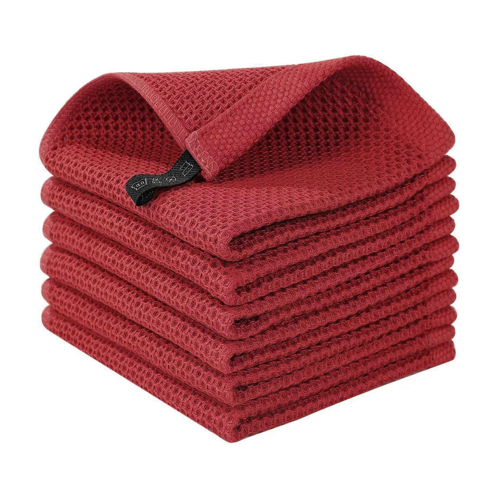 LikGuest Honeycomb Cotton Dish Cloths 6 Pack,12x12 Inch – Super Absorbent, Quick-Dry & Reusable Kitchen Cleaning Cloths, Lint-Free Washable Towels for Dishes, Glass & Household Use(Red)