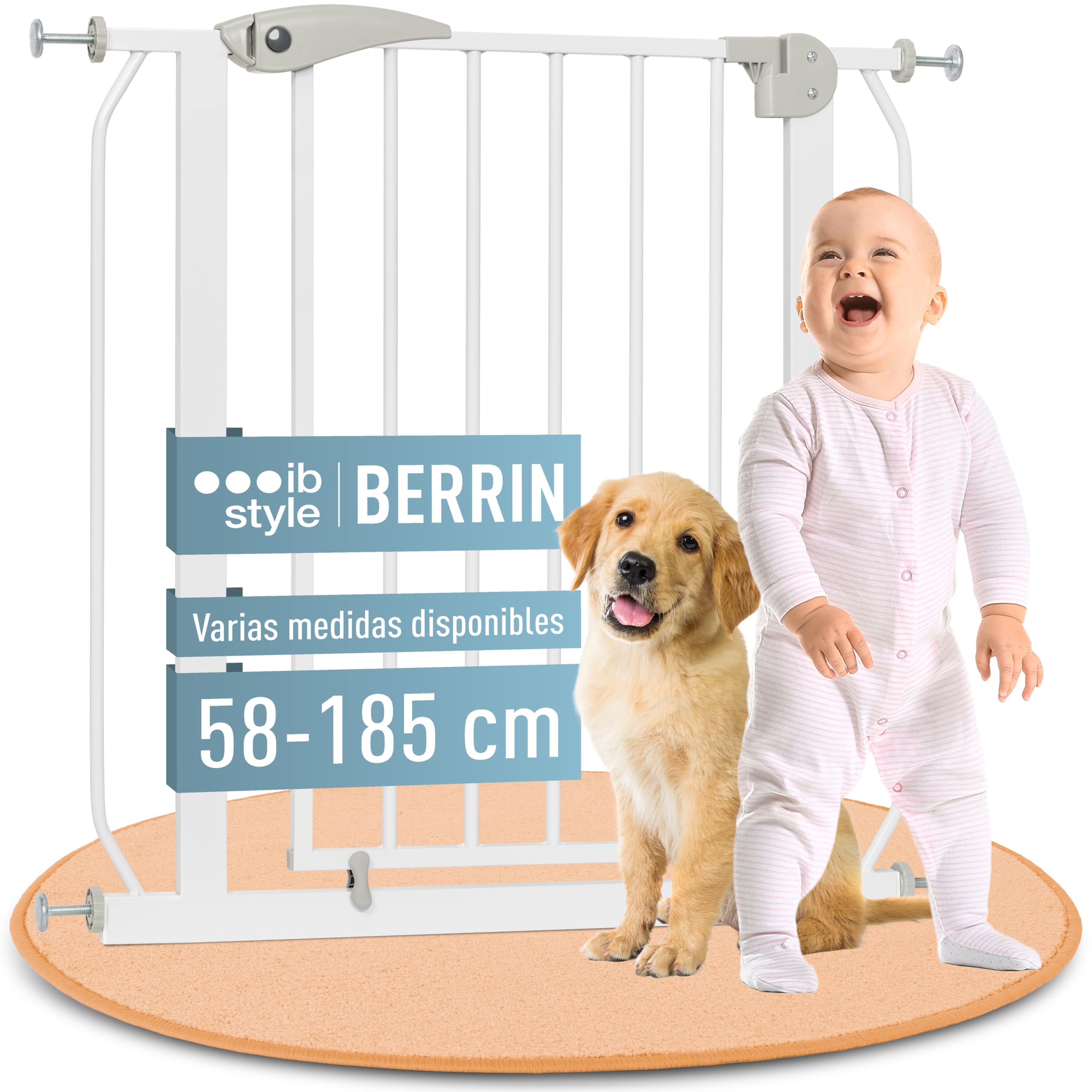 IB STYLE Barrera de Seguridad Berrin - Montaje a Presión, Sin Tornillos, Cierre Automático, Bebés y Niños, Blanco, Ancho: 58-66 cm