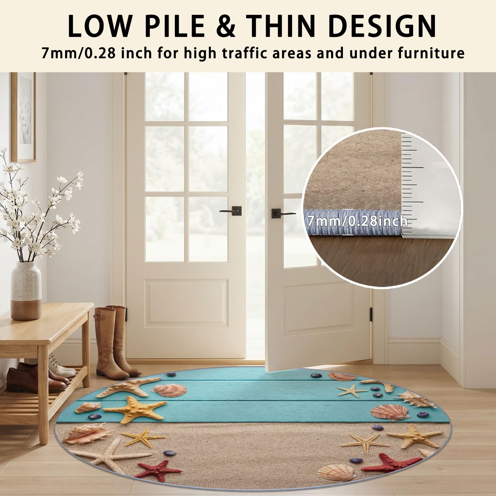 Tapis Rond Cotier Tropical 120 cm, Etoiles De Mer Coquillages Plage Lavable en Machine pour Salon, Bleu Antidérapant, Poil Court Tapis Rond Imprimé pour Chambre d’Enfant Nurserie