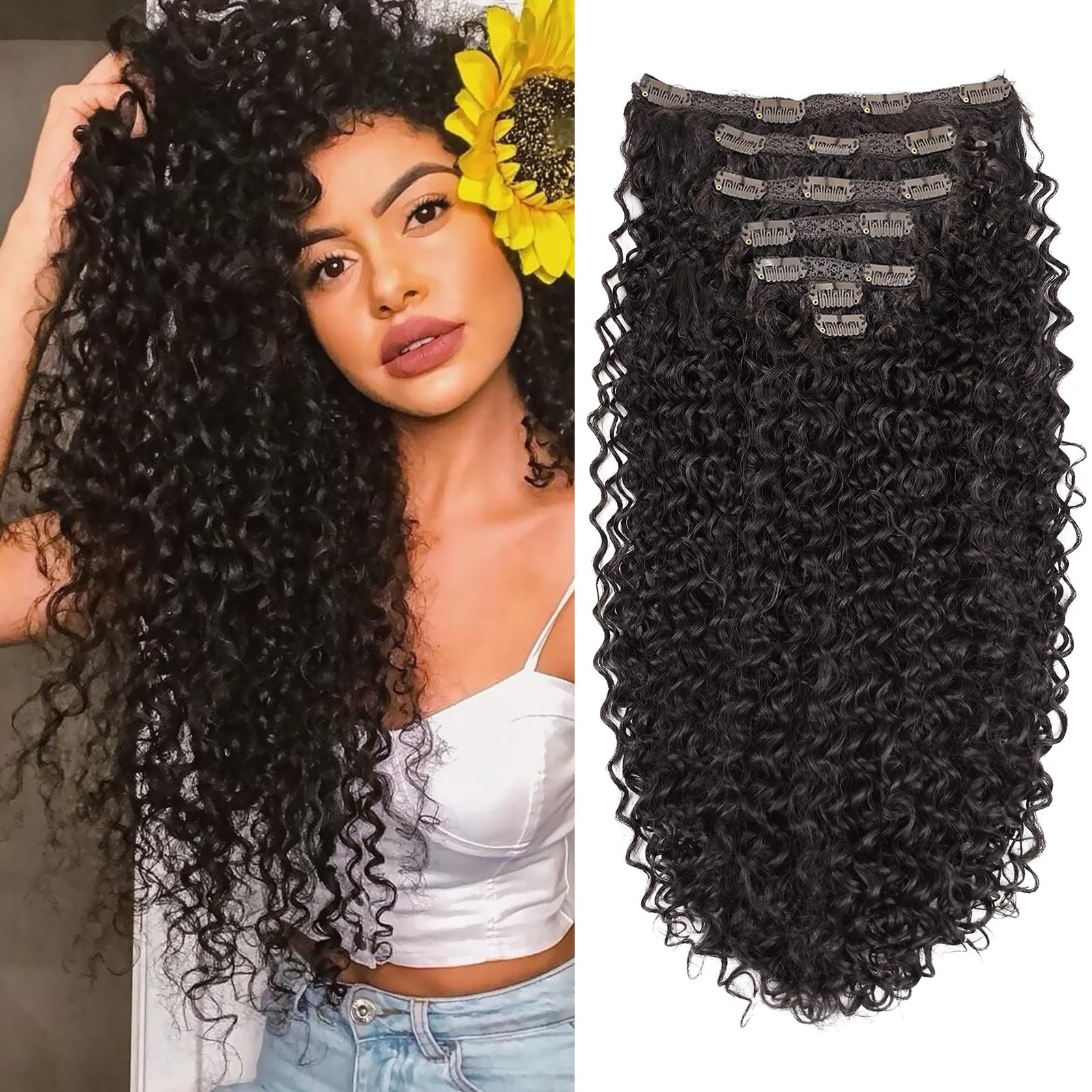 Clip In Hair Extensions - 140G Synthetic hair Dark Brown Clip in Human Hair Feelings Extensions Jerry Curly Hair Extensions for Black Women extensions Hairpieces (2# 24 Inch)(Pack of 7)