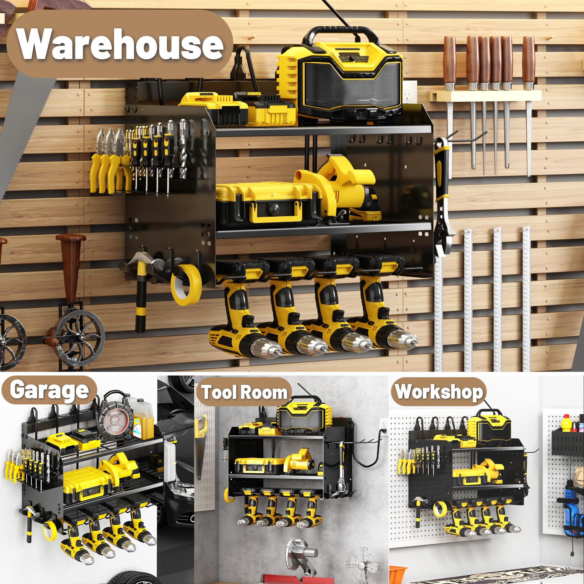 Support mural large pour outils électriques avec station de charge, 3 couches réglables et robustes avec multiprise à 8 prises pour outils sans fil, support utilitaire adapté pour garage (noir