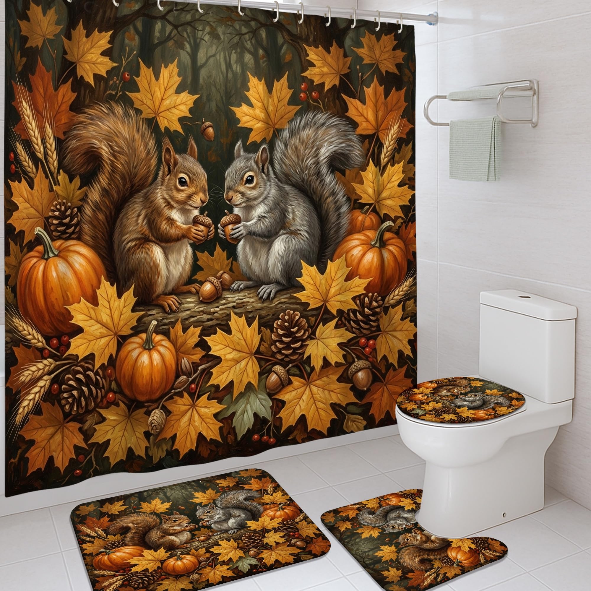 Rideau de douche automne orange 183x183 cm avec tapis de bain et crochets motif écureuil