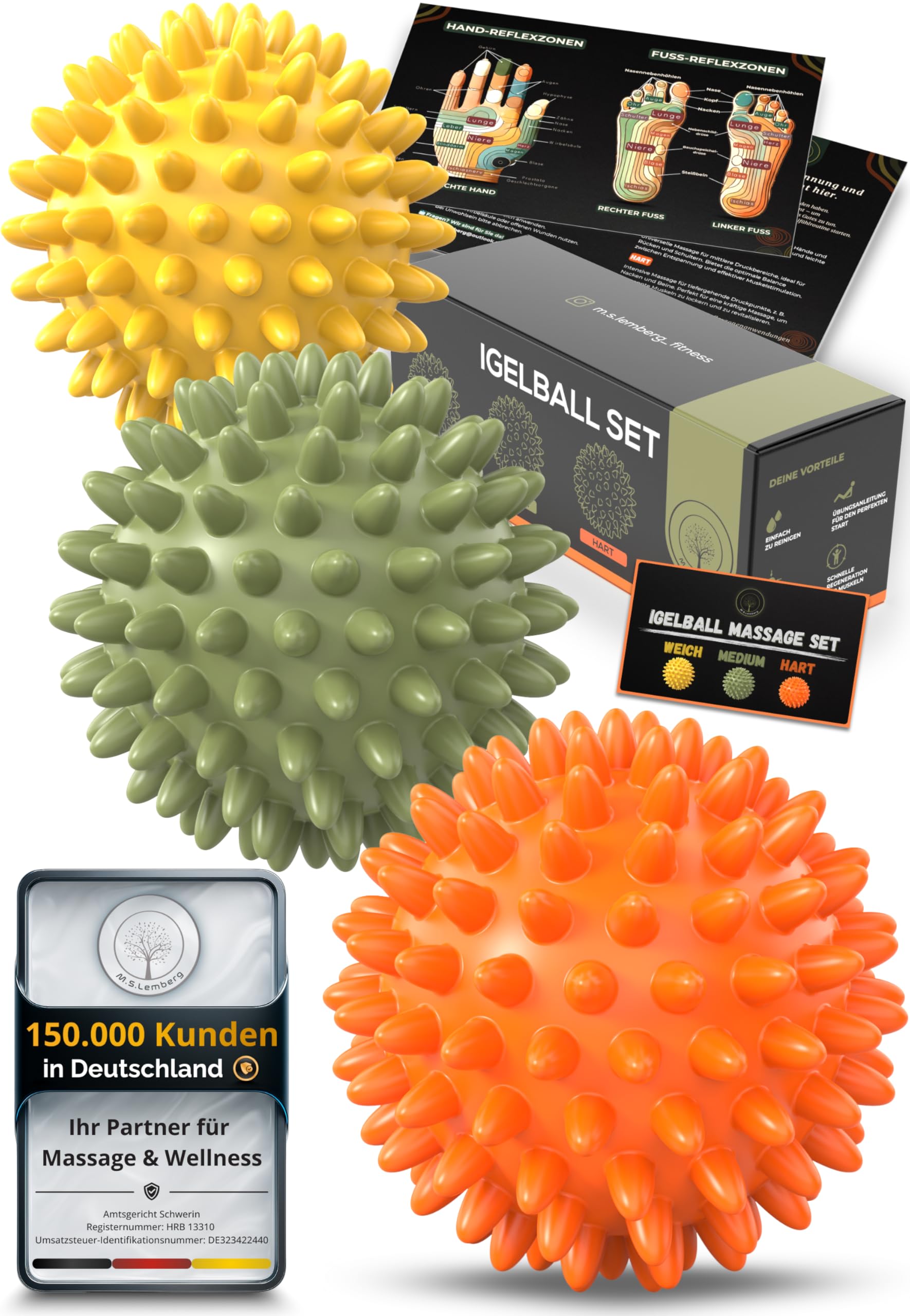M.S.Lemberg® Igelball Massage Set [3 Härtegrade] - Massageball für Reflexzonen Fußmassage Rücken Nacken Hand Fuß - Noppenball Ball mit Noppen klein - Entspannung Geschenk - hart, medium & weich