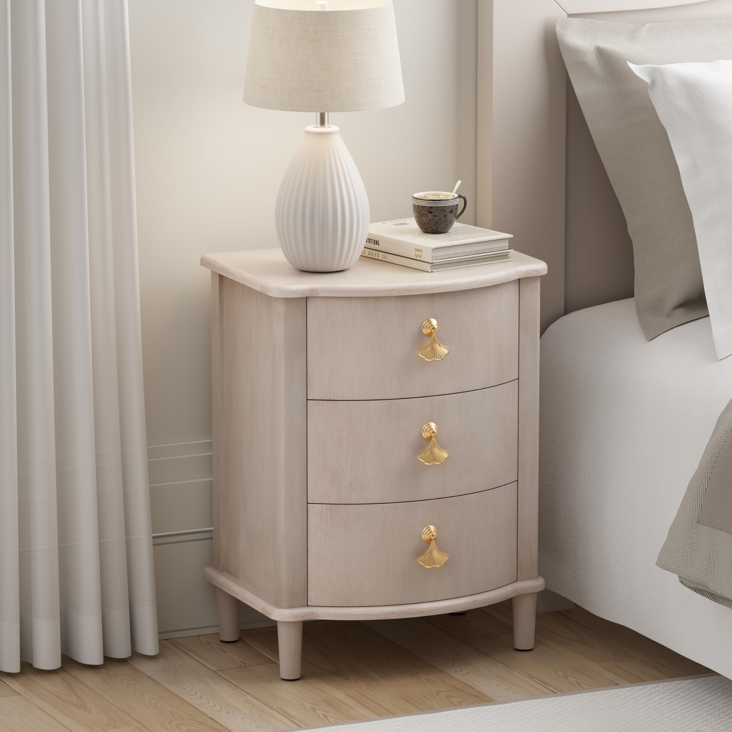 Photo 1 of COZAYH Elegant 3-Drawer Nightstand with Gold Leaf Handles, Vintage Curved Front Design, Distressed Finish, Ivory White
