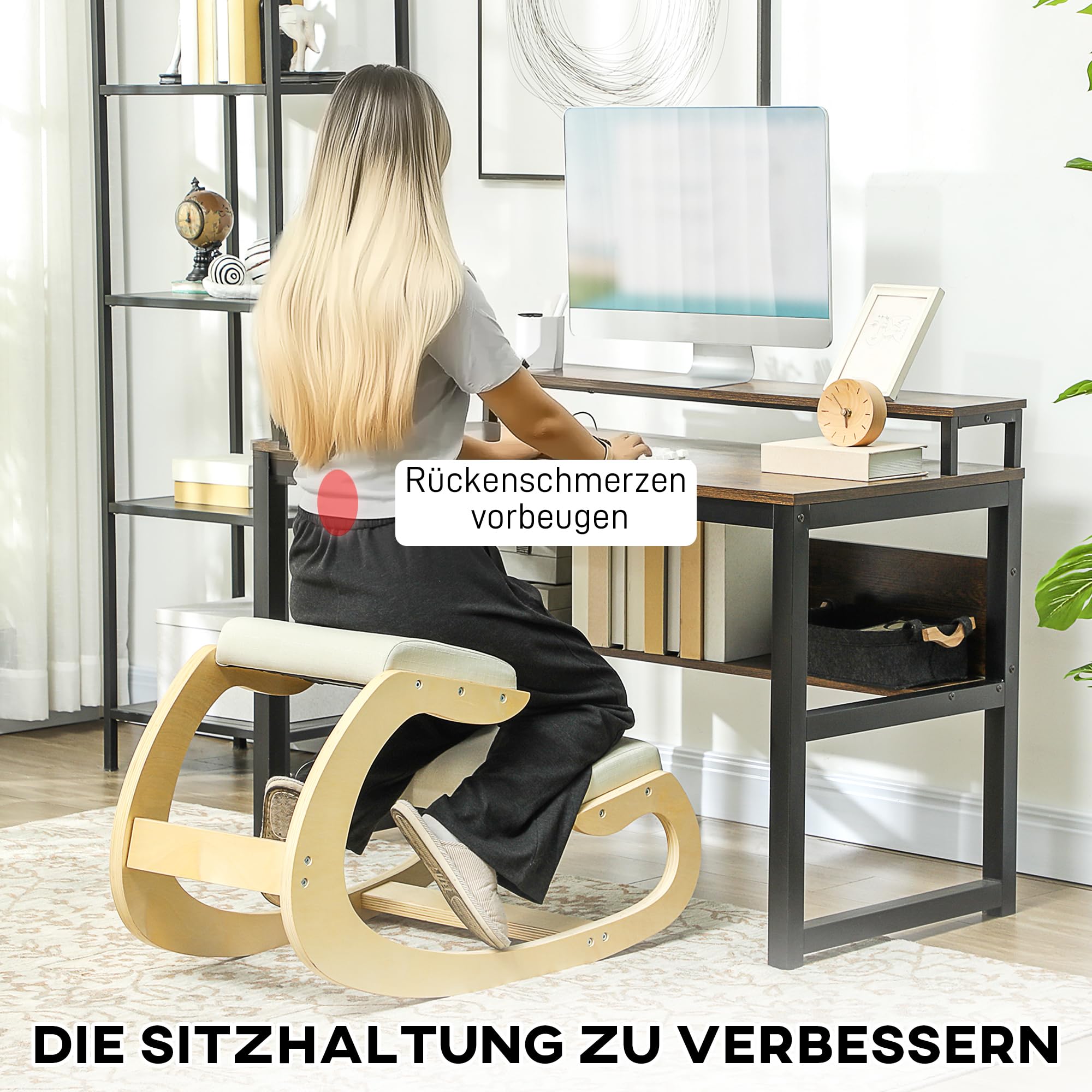HOMCOM Kniestuhl Ergonomisch aus Holz, Gesundheitsstuhl zur Verbesserung der Körperhaltung, Bürostuhl für Homeoffice, Cremeweiß