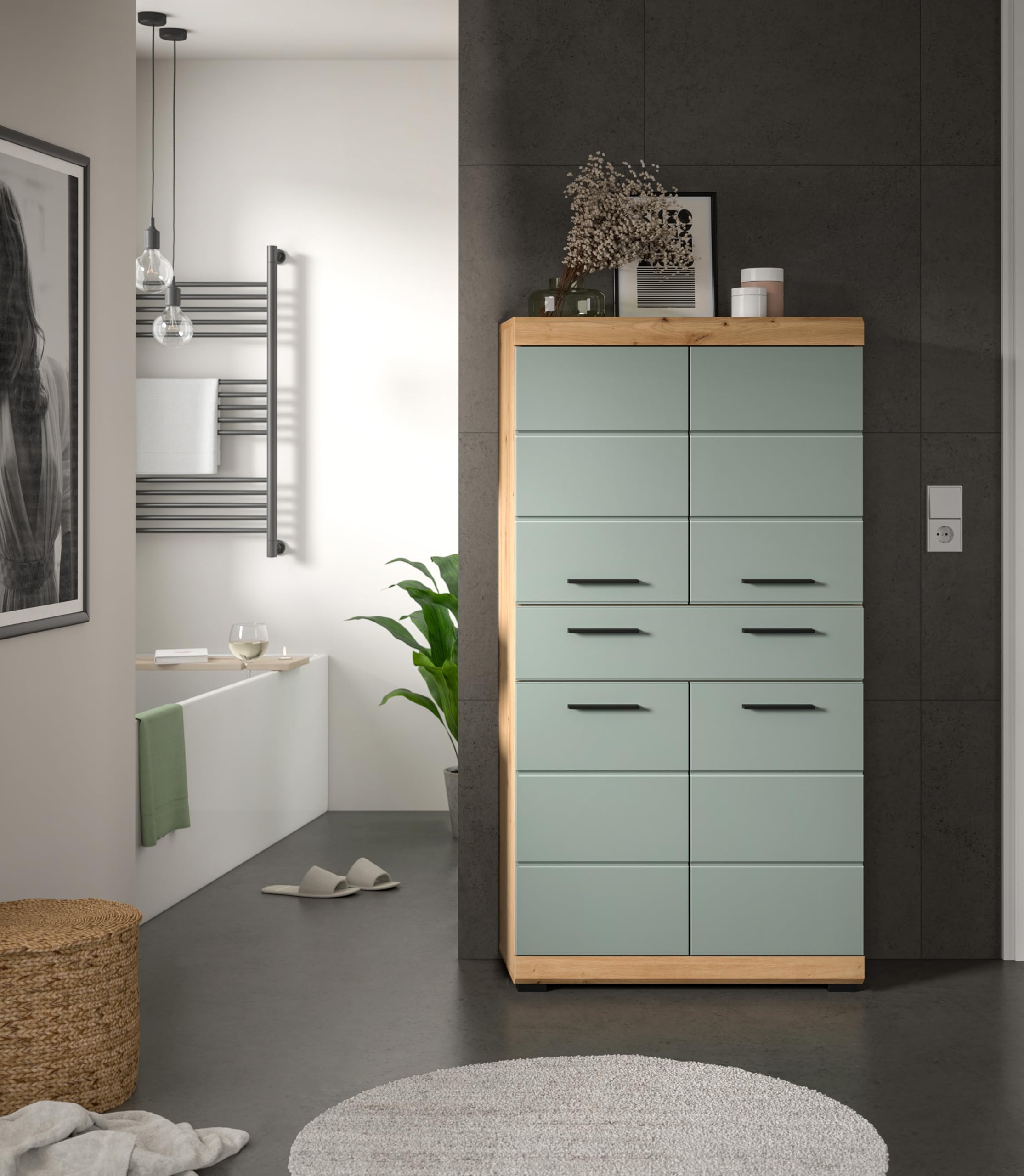 xonox.home - Badmidischrank Scout 74x141x31 cm in Artisan Eiche und Salbei - Badmöbel Badset Badezimmerkombination - Pflegeleichte Oberfläche hochwertig verarbeitet – Bild 6
