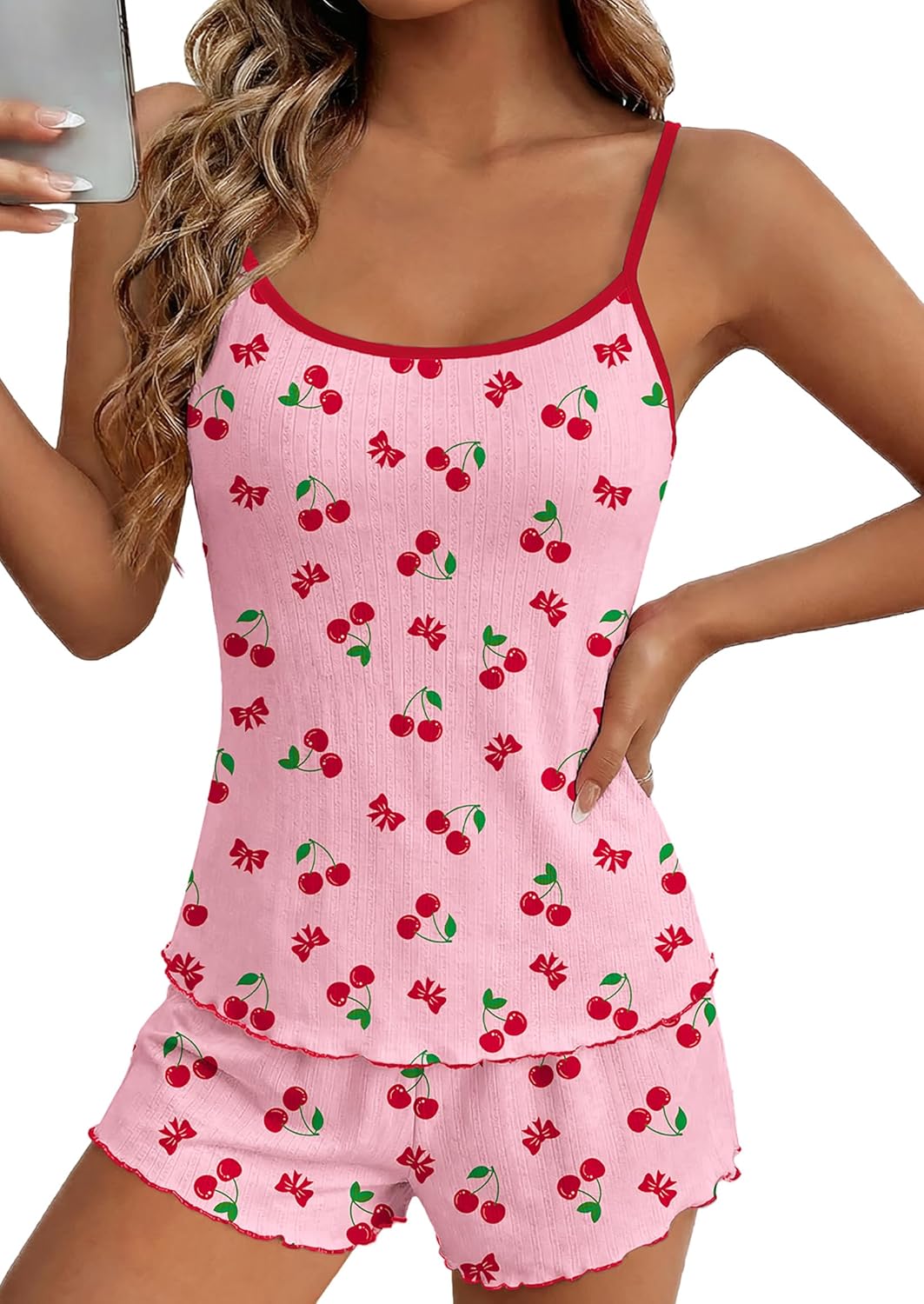 Ekouaer Pajama Sets for Women 2 Piece Camisole Pjs Cute Print Sleepwear Ribbed Sexy Tank Top with Shorts S-XXL