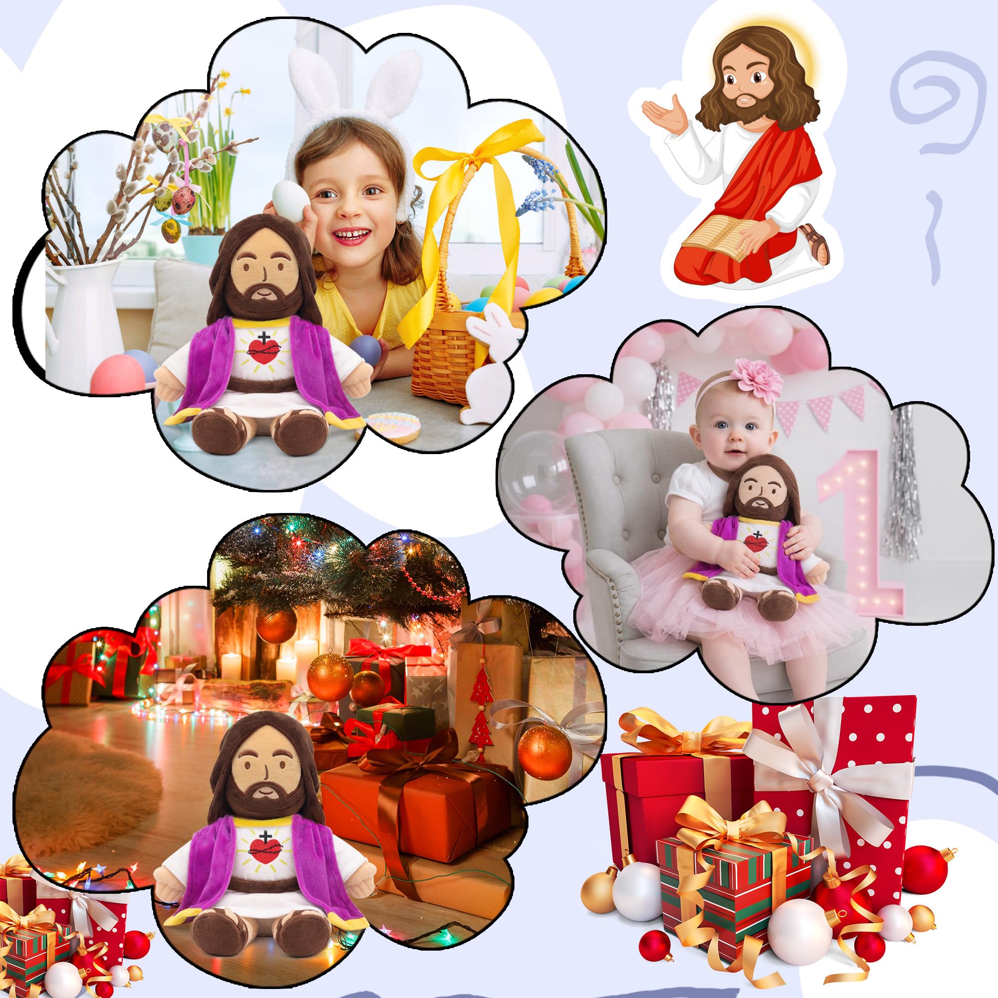 Yelakey Muñeca de peluche de Jesús de 13.4 pulgadas con chal con ribete dorado, regalo religioso cristiano para niños, decoración de Navidad y Pascua (morado)