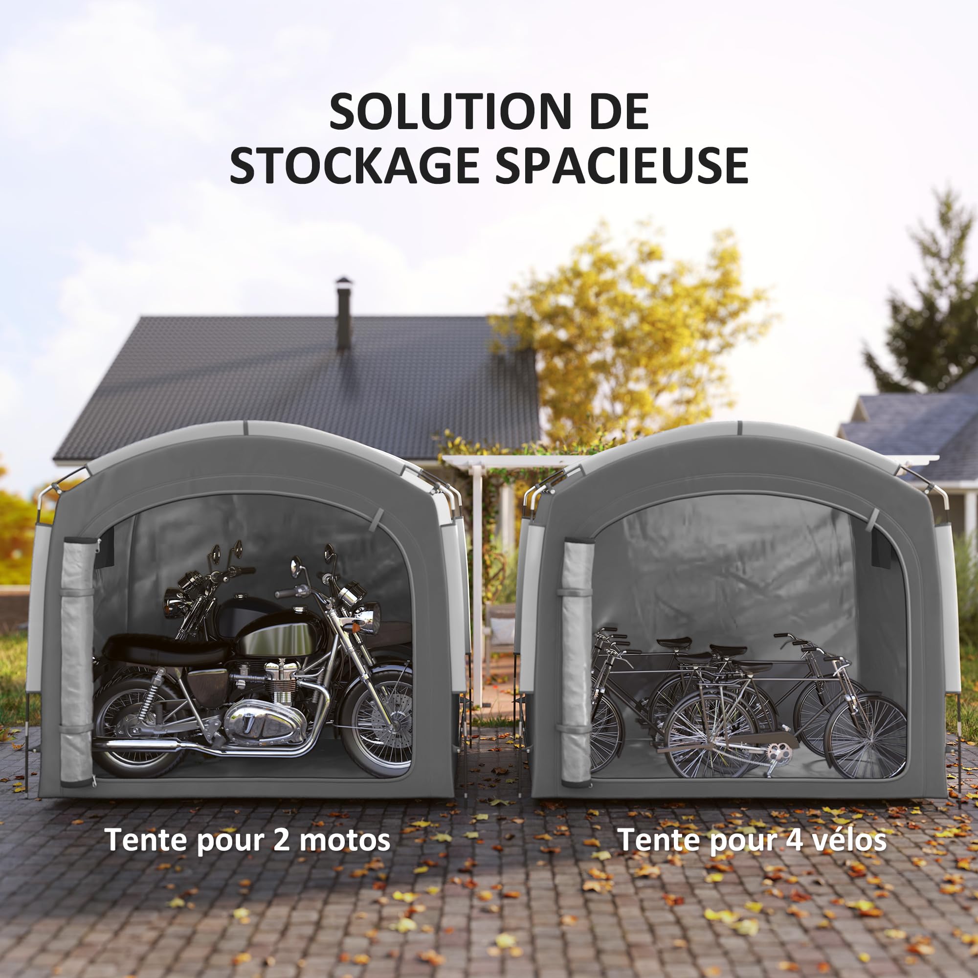 Outsunny Tienda para Guardar Bicicletas en el Exterior, cobertizo portátil para 3-4 Bicicletas con 2 Bolsillos Laterales, 205 x 140 x 188 cm, Gris Oscuro