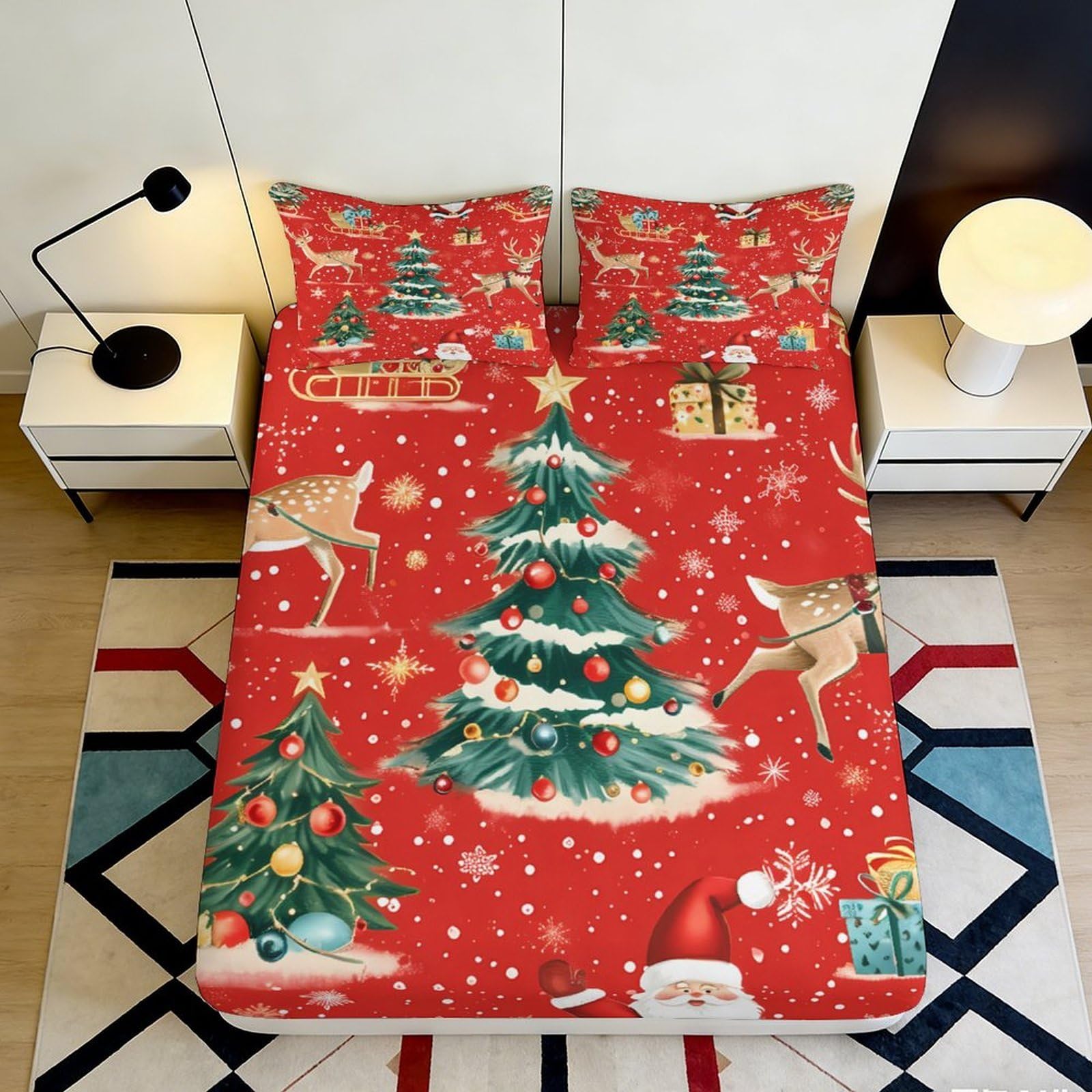 3D Printed Christmas Tree Fitted Sheet Microfiber Soft Breathable Reindeer Bed Cover for Bedroom Dormitory Guest Room Mattress Protection Decor 180x200x25cm