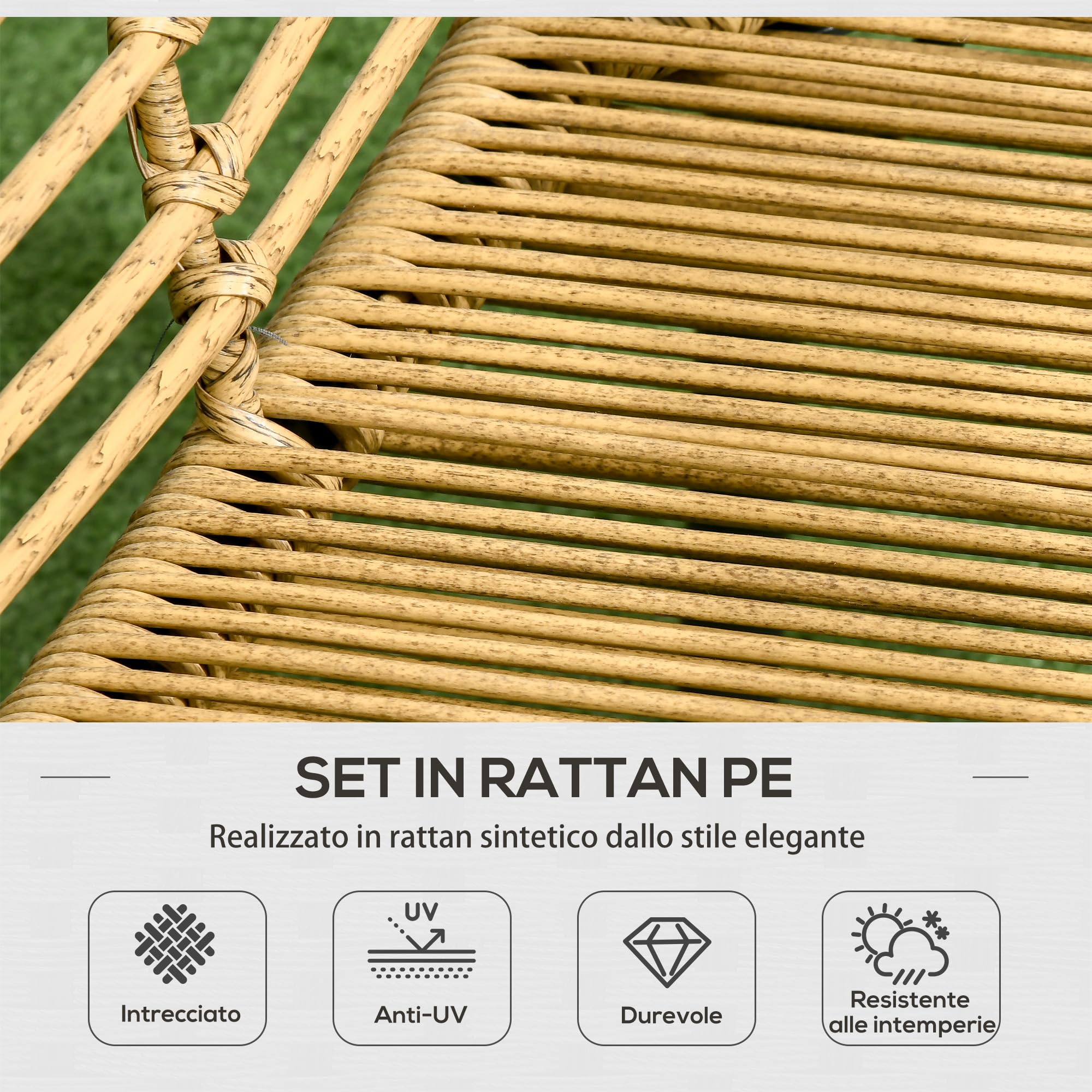 Outsunny Set Mobili da Giardino in Rattan 4 Pezzi Marrone e Grigio Scuro | Salotto da Giardino Esterno, Divanetto 2 Posti, 2 Poltrone con Cuscini, Tavolino con Piano in Vetro, Piedi Regolabili