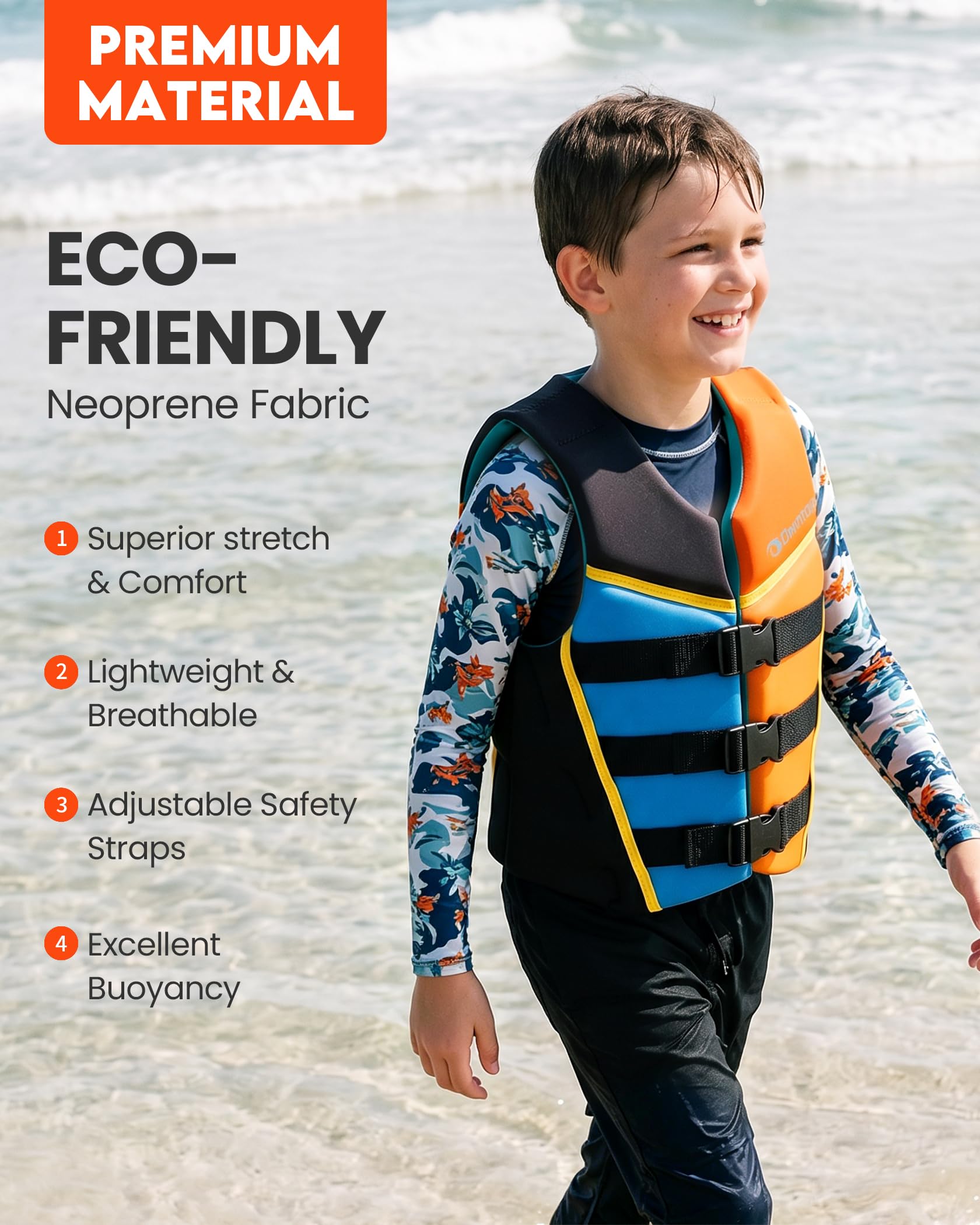 Owntop Gilet da Nuoto Junio, Aiuto al Galleggiamento in Neoprene per Ragazzi e Bambini con Tre Cinghie di Sicurezza Regolabili, Gilet Galleggiante Leggero per Kayak, Barca e PaddleMulticoloreL