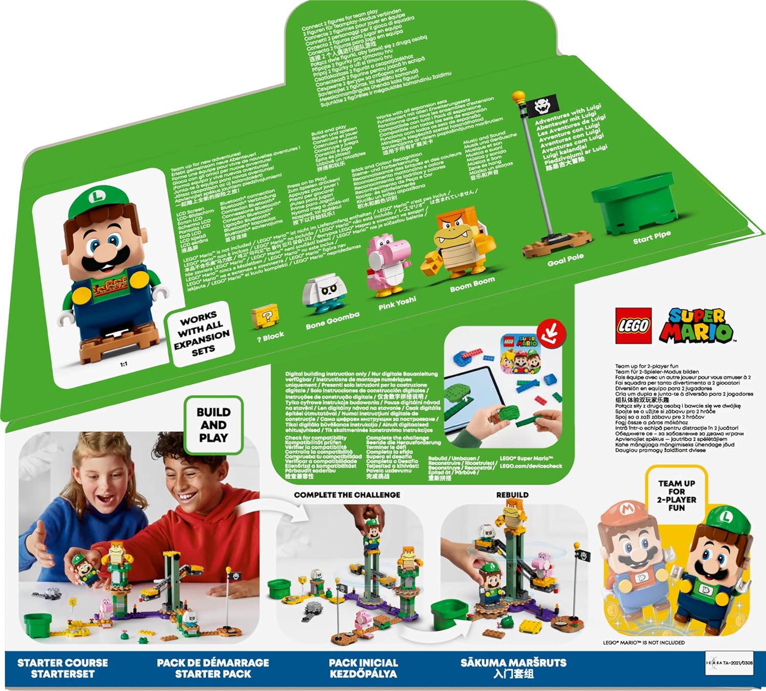 Close-up of the LEGO Luigi figure's back, showing the battery compartment and Bluetooth button.