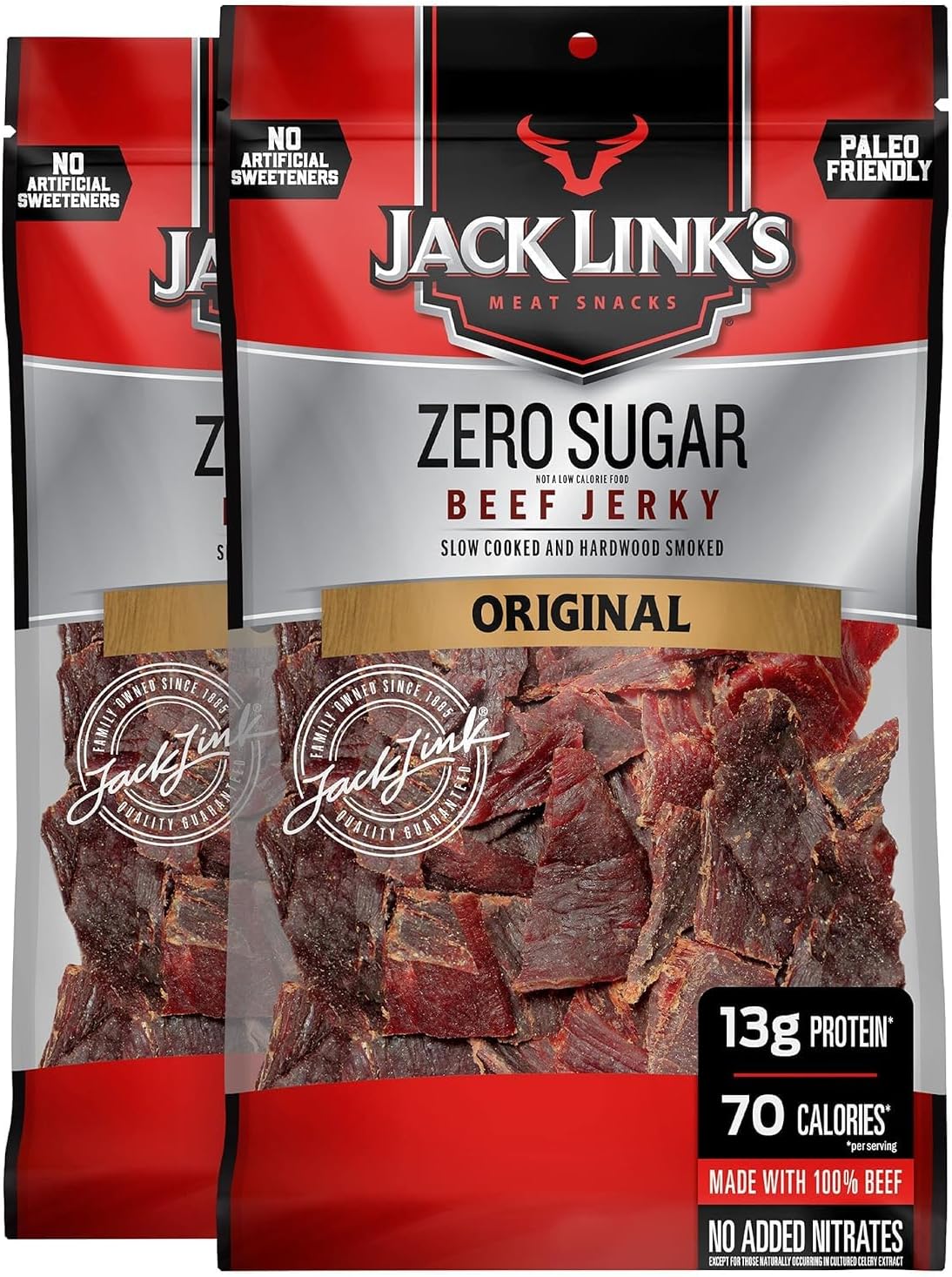 Original Zero Sugar Beef Jerky - (2 Pack) 7.3 oz Bag - Ready to Eat Protein Snacks - 13g Protein per Serving - Made with 100% Real Beef