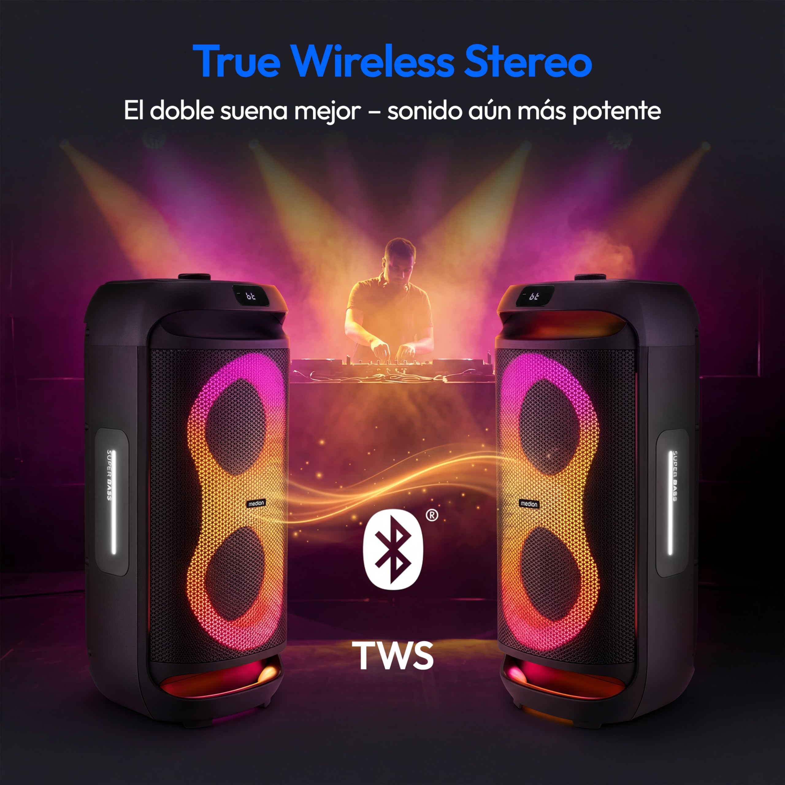 MEDION PE-2 Plus Partybox batería con micrófono - Altavoz Grande | Equipo de fiesta con karaoke, luces, entradas micro y guitarra, Bluetooth portátil, AUX, USB