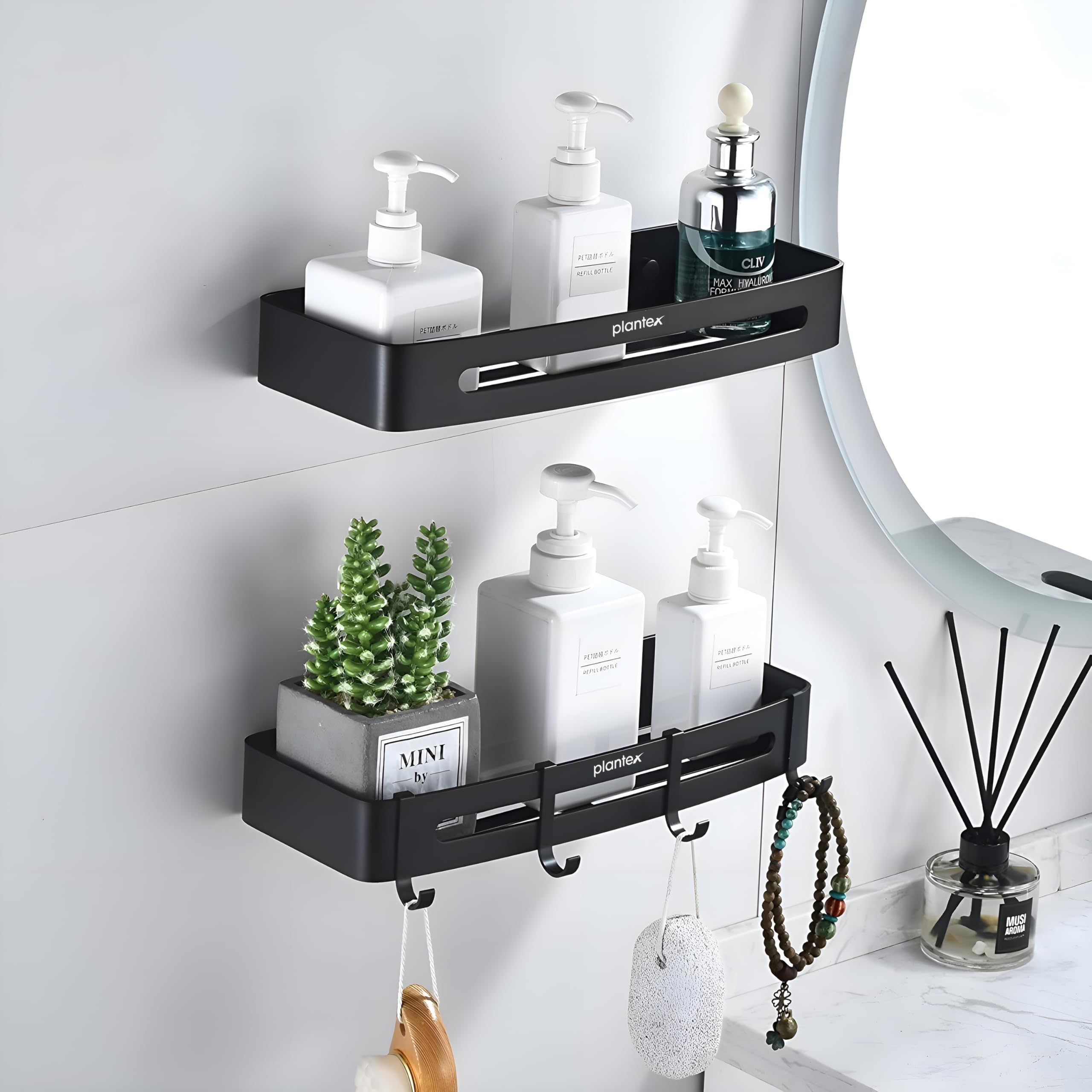 Plantex Bathroom Accessories Items/Space Aluminium Bathroom Shelf with Removable Hooks/Wall Mounted Shelf for Bathroom/Kitchen/Living Room - 12x5 inches, Black (Pack of 2)-image-6
