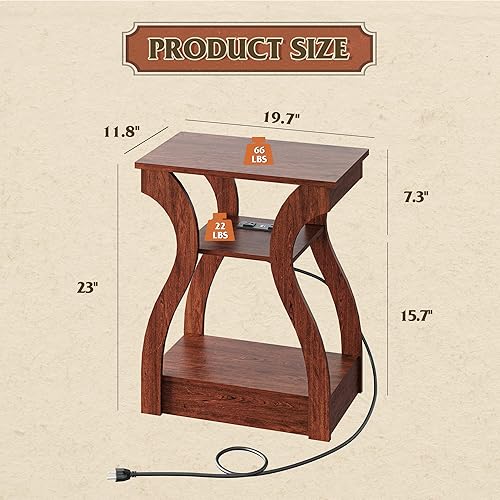 Miniatura 3 de WLIVE Mesas auxiliares para sala de estar, juego de 2 mesas auxiliares de cereza con estación de carga, mesita de noche para dormitorio, mesa