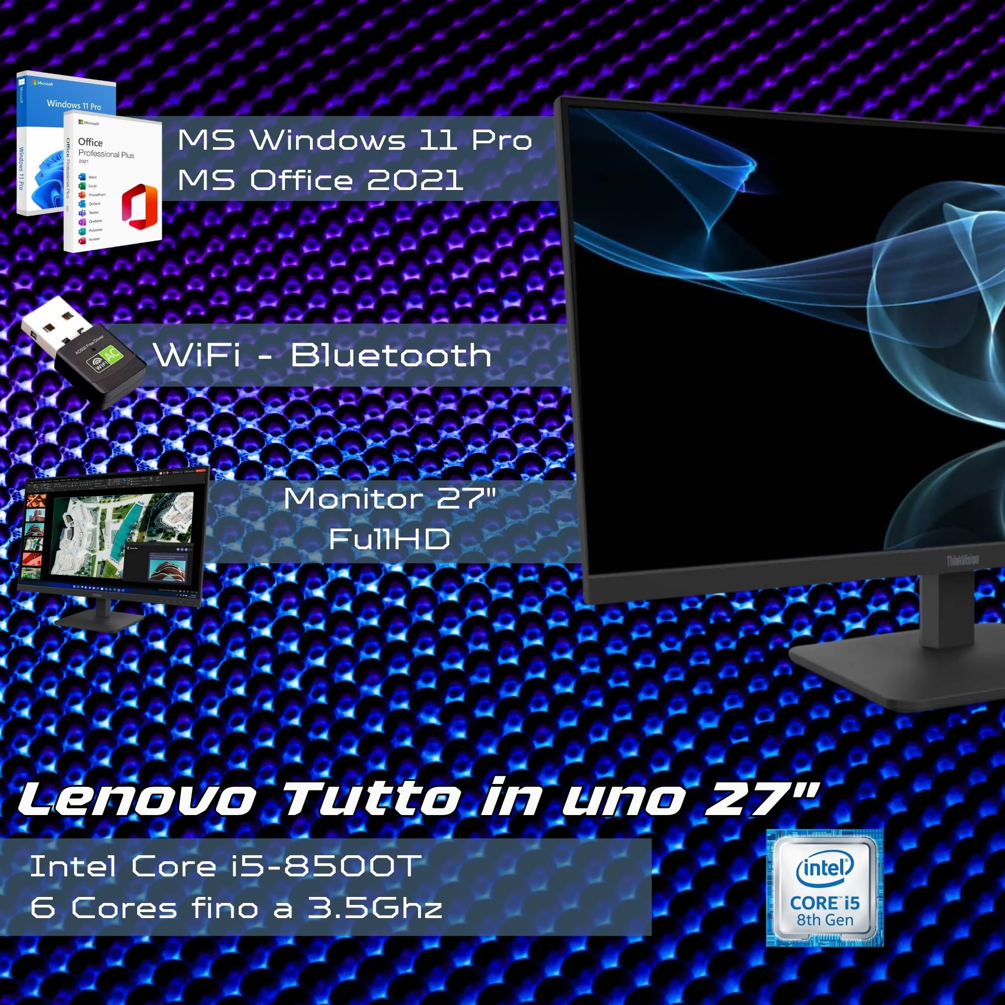 Lenovo 27 Pollici Computer i5 8500 16GB RAM 512GB SSD Win 11 Pro Office 2021 Pro