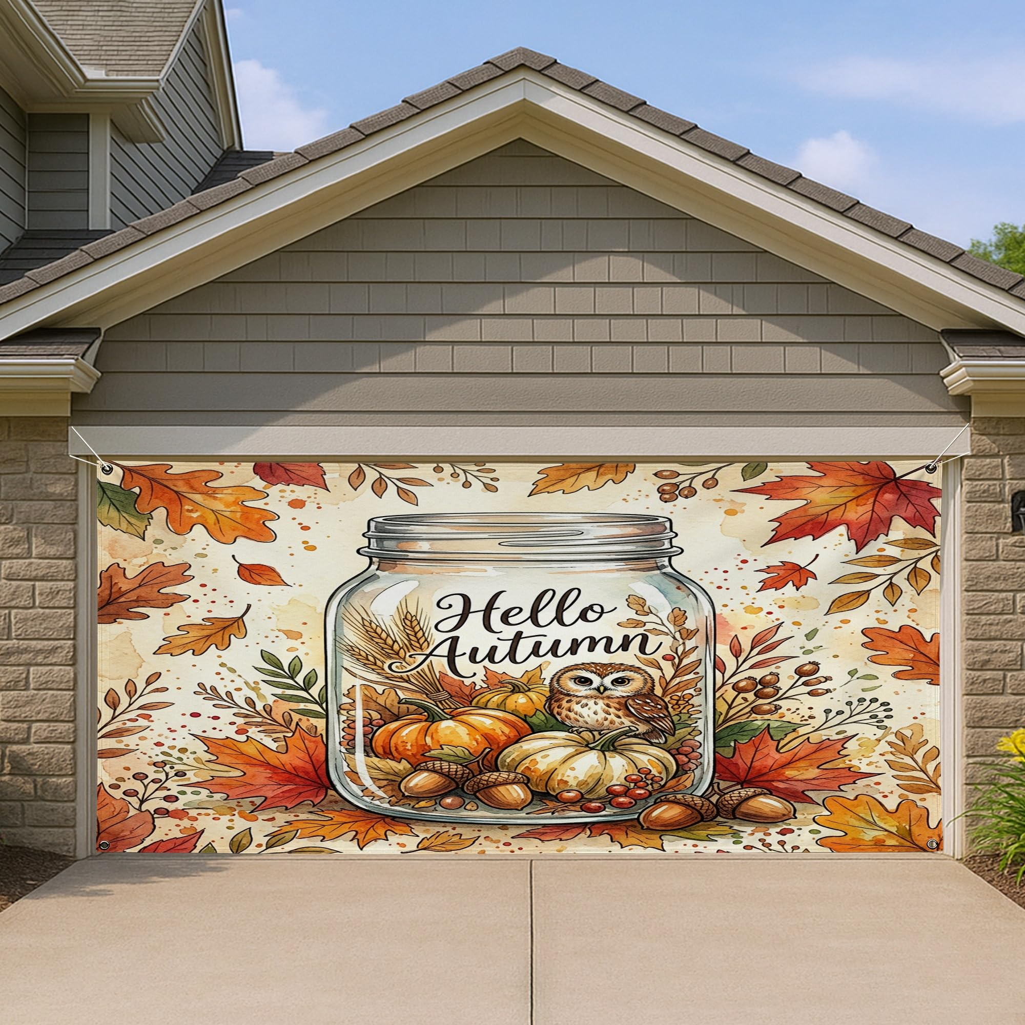 Cache-porte de garage automne citrouille hibou 397x180cm | Décoration extérieure rustique