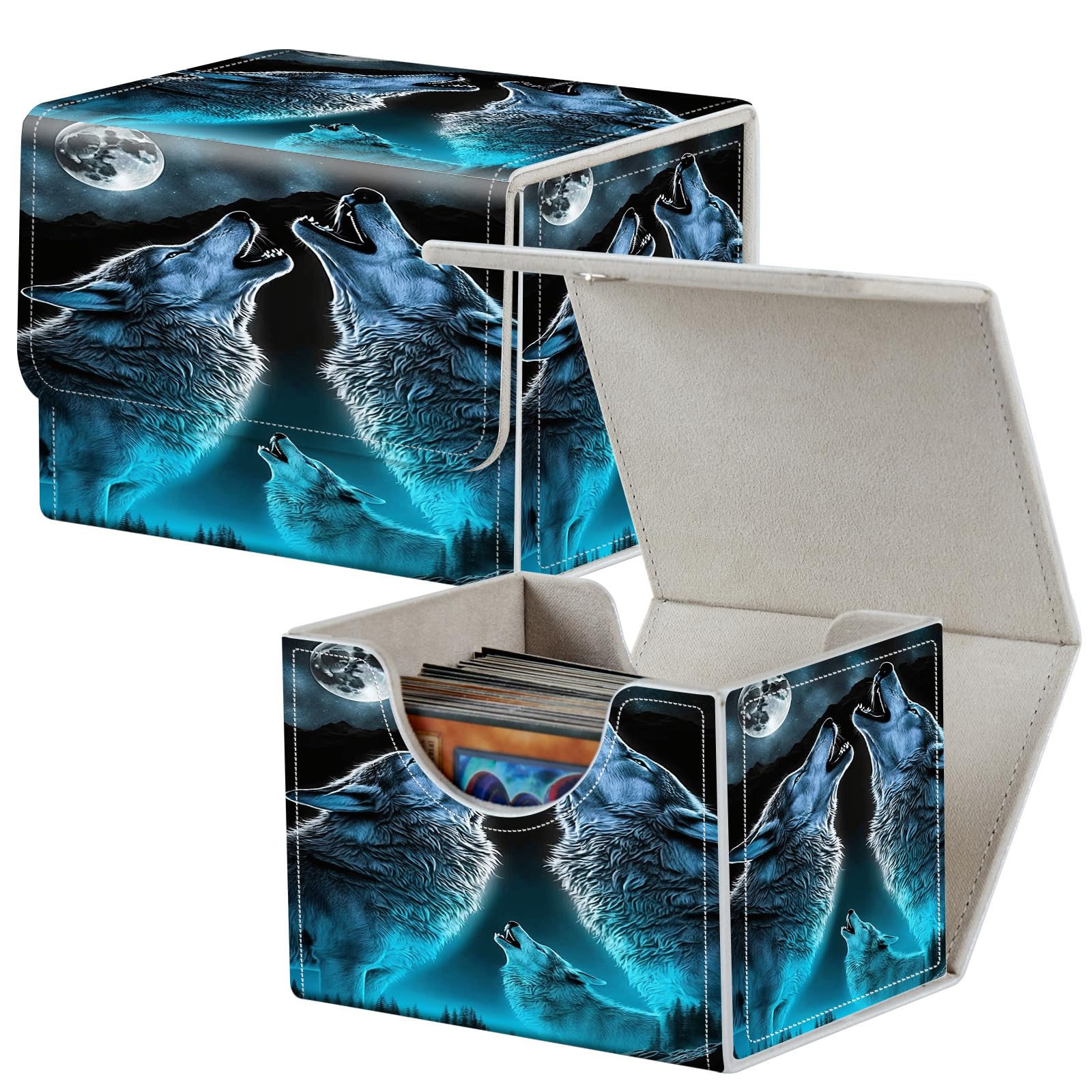 Mxfdegf Card Deck Box for MTG Cards,100+ Single Sleeved Cards Trading Card Deck Case,Strong Magnet Magic Gathering Deck Box,PU Leather Trading Card Storage Box for TCG,CCG,MTG Cards,Howling Wolf/Moon