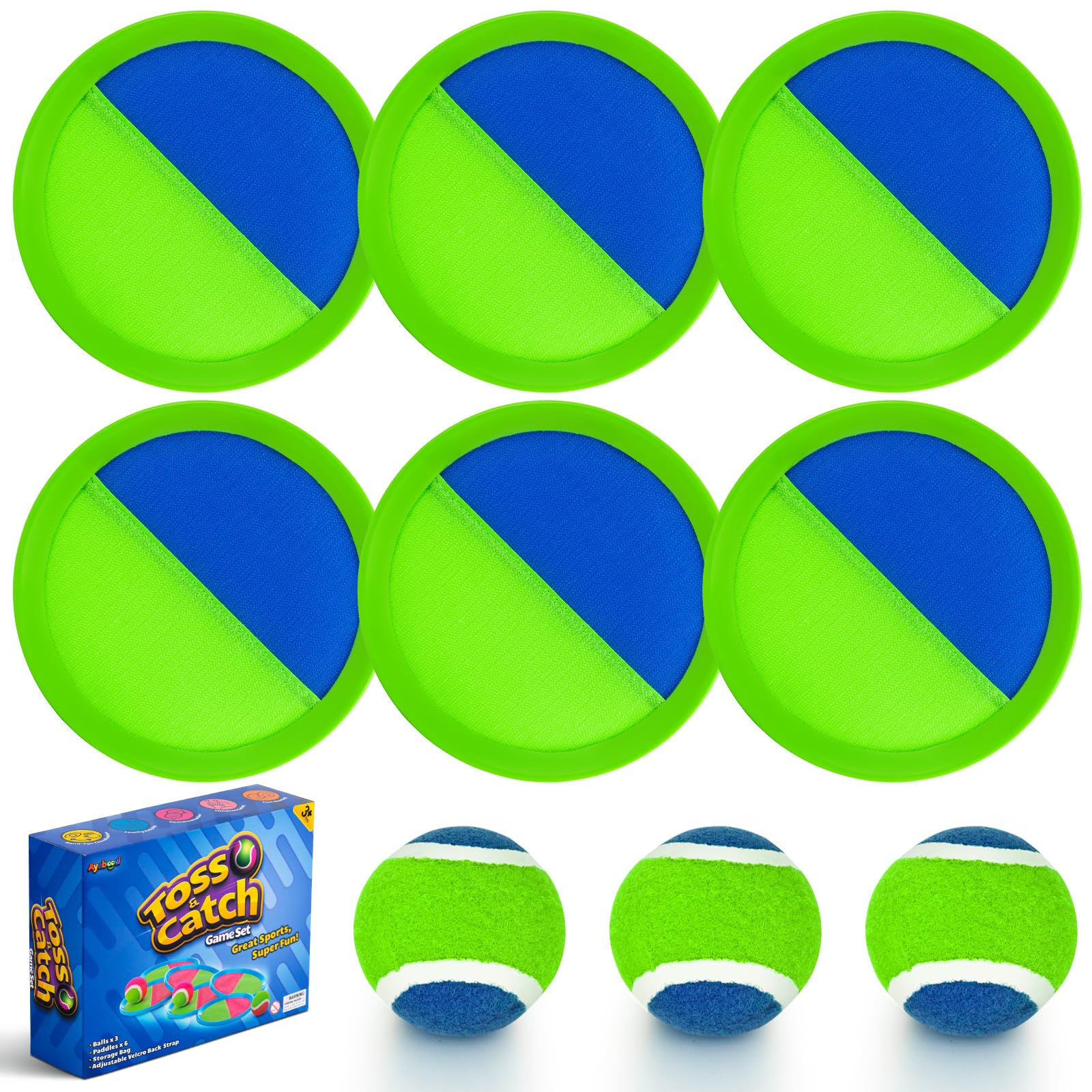 Upgraded Toss and Catch Ball Game Set for Kids, 6 Paddle 3 Balls | Water Resistant, Outdoor, Beach, Pool, Yard, Lawn Games for Kids Toys Birthday Gifts for 3-8 Year Old Toddler Boys & Girls Green 6 Paddles 3 Balls