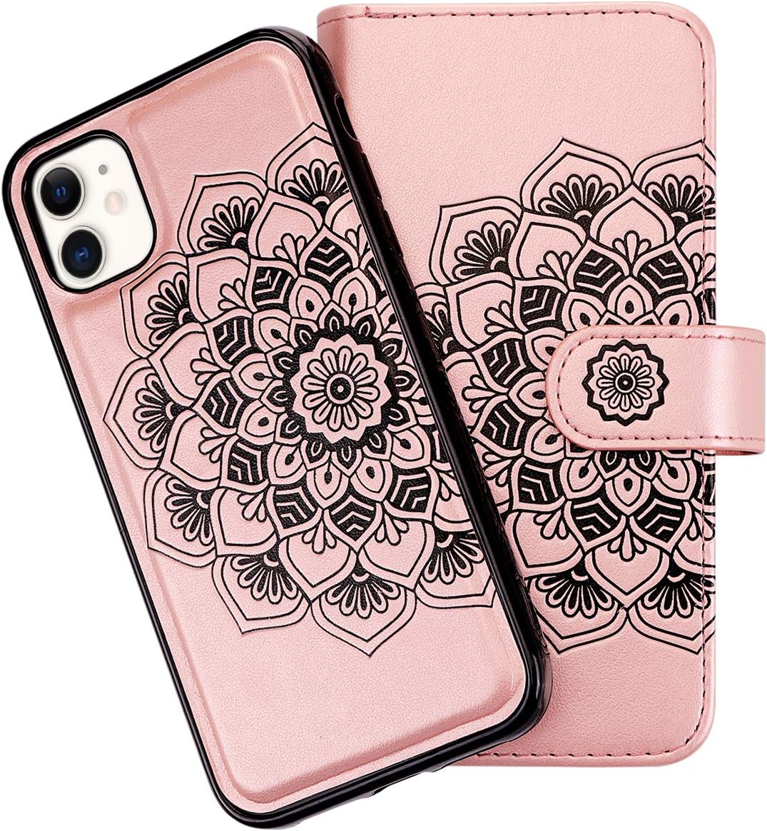 Vofolen 2-in-1 Case for iPhone 11 Case Wallet Credit Card Holder ID Slot Detachable Hybrid Protective Slim Hard Shell Magnetic PU Leather Folio Pocket Flip Cover for iPhone 11 6.1 inch Mandala Pink