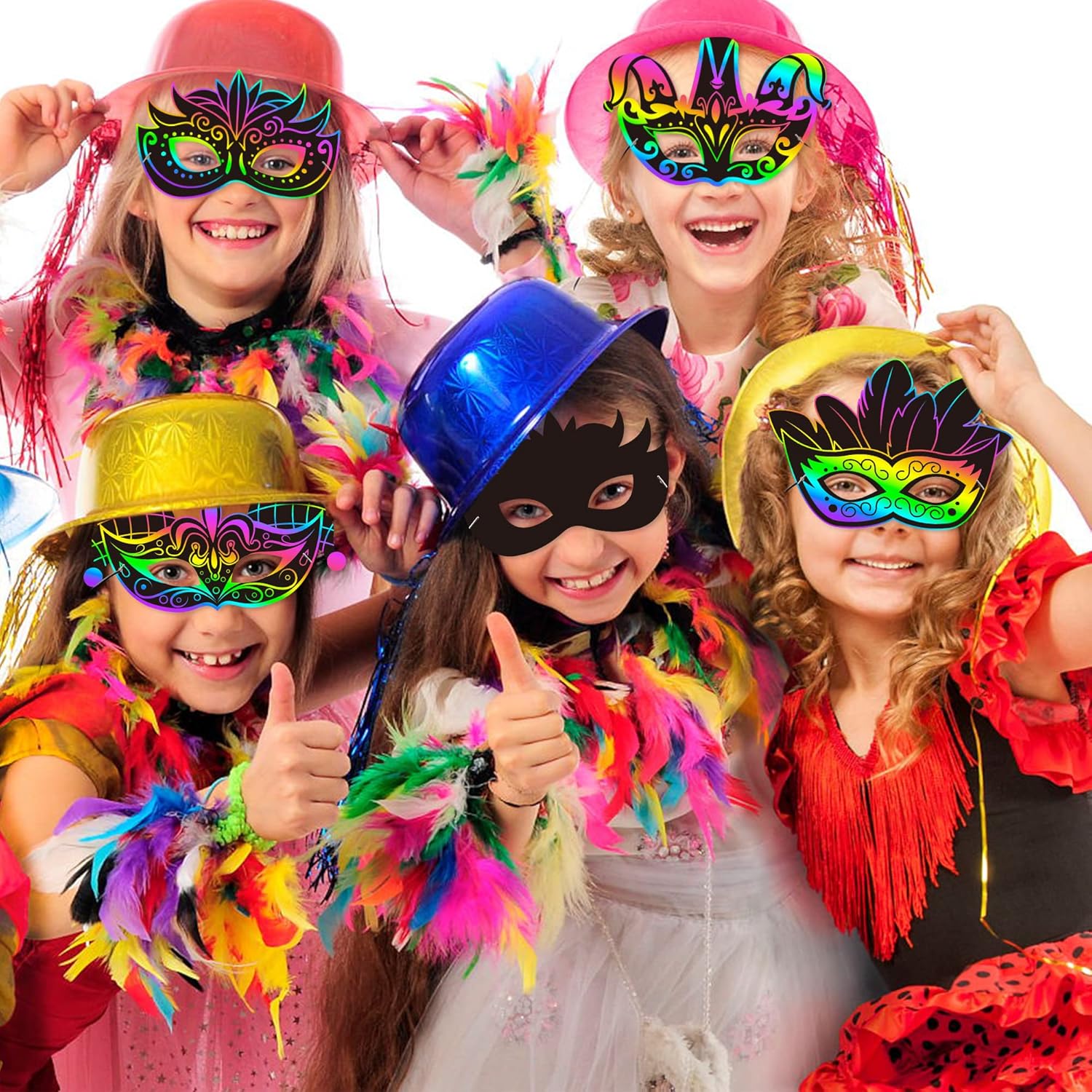 WATINC 24pcs Mardi Gras Scratch Masks for Kids, Carnival Prom Art Craft Kit, Masquerade Party DIY Magic Color Paper Mask, Costumes Dress Up Scratch Off Cards Supplies - Image 4