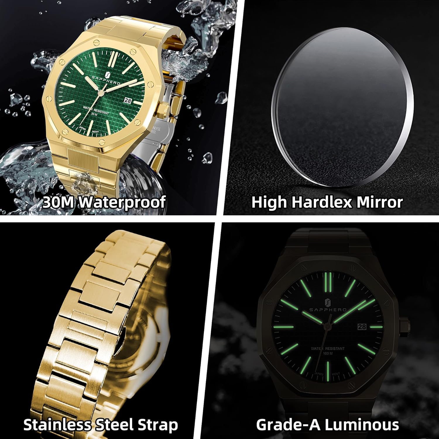 SAPPHERO Watches for Men Waterproof Men's Watch Stainless Steel Octagonal Date Quartz Fashion Clock Business Wristwatch Gift for Men Multiple Colors - Image 4