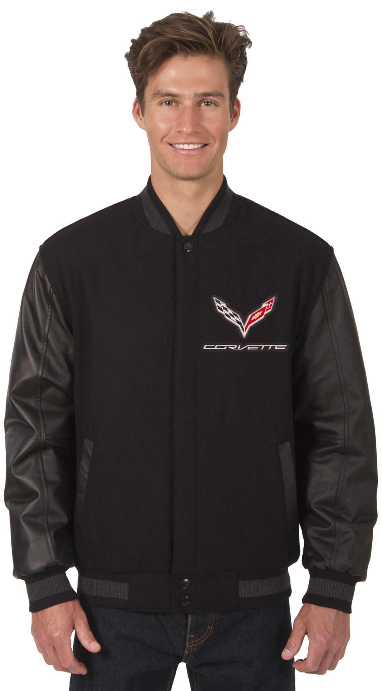JH DESIGN GROUP Mens Chevy Corvette Wool & Leather Reversible Jacket with Embroidered Emblems (X-Large, Black)