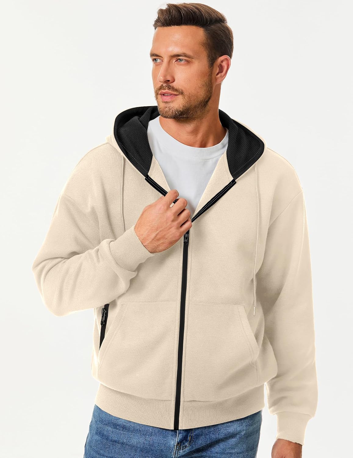Mens Fleece Hooded Sweatshirt Winter Full Zip Jackets Long Sleeve Outerwear with Multi Pockets - Image 2