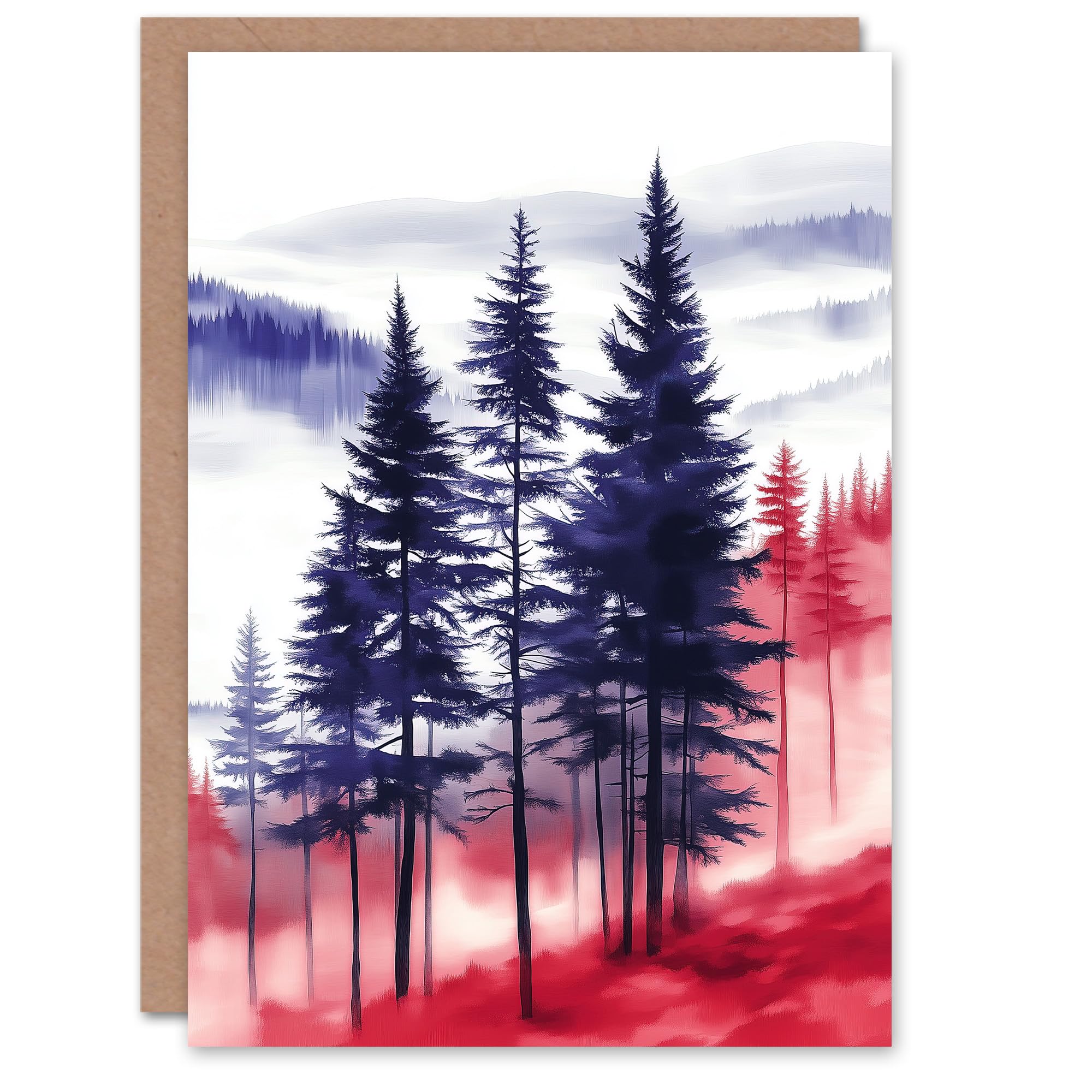 Artery8 Greeting Card Misty Pine Tree Forest Blue Red Landscape Blank For Him Or Her Art Birthday Card