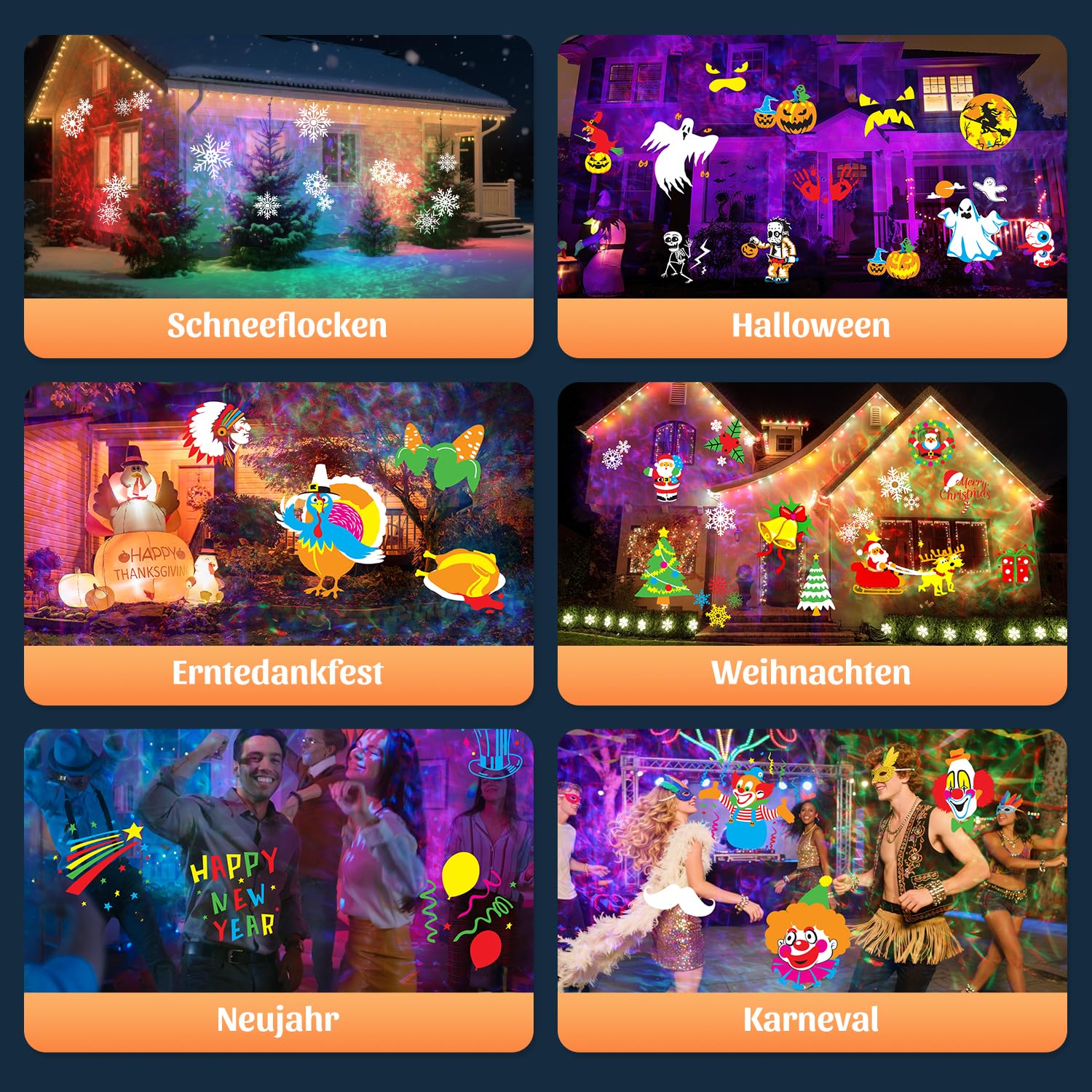 OUSFOT Projektor Weihnachten Aussen, 16 Folien, Halloween Projektor mit Fernbedienung und Timer-Funktion, Geeignet für Erntedankfest, Weihnachten, Neujahr, Partys