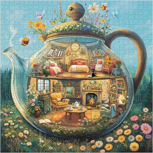 Miniatura 2 de Rompecabezas de casa de tetera de 1000 piezas para adultos, rompecabezas de jardín de mariposas coloridas, rompecabezas de arte desafiantes como