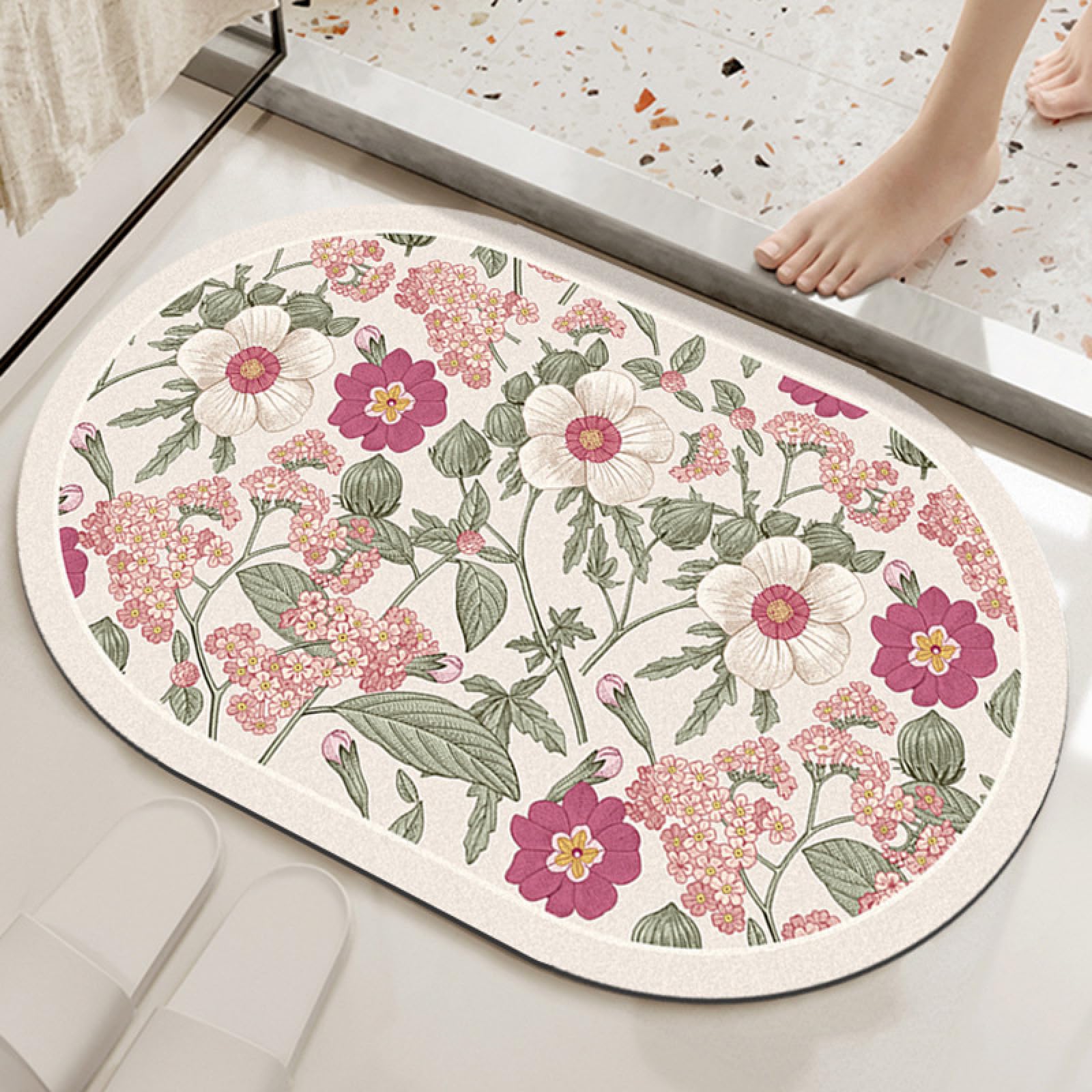 Tappeti rotondi con fiori rosa, grandi tappetini antiscivolo morbidi