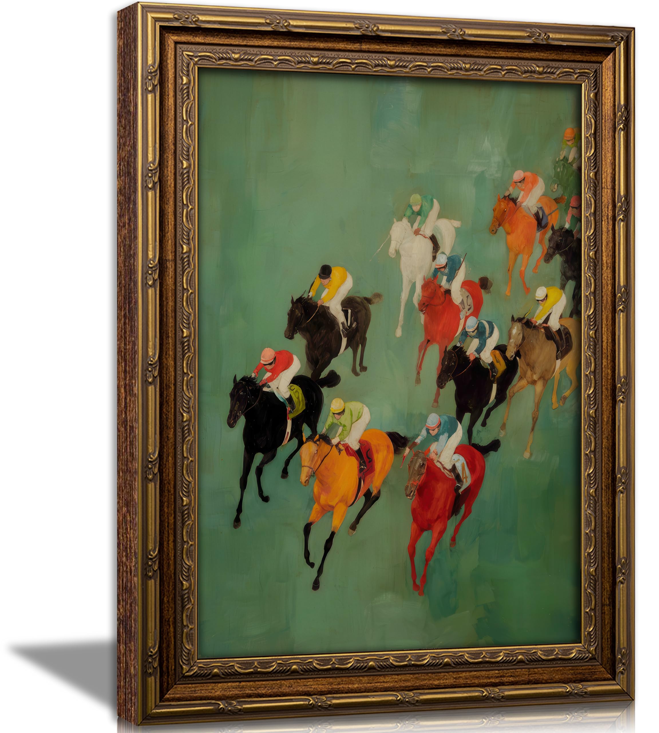 Vintage Gold Framed Horse Racing Wall Art, Retro Equestrian Oil Painting Canvas Prints, Colorful Race Horses and Jockeys Wall Decor, Modern Equestrian Print Artwork for Living Room Bedroom Office Home Decor, 12x16in