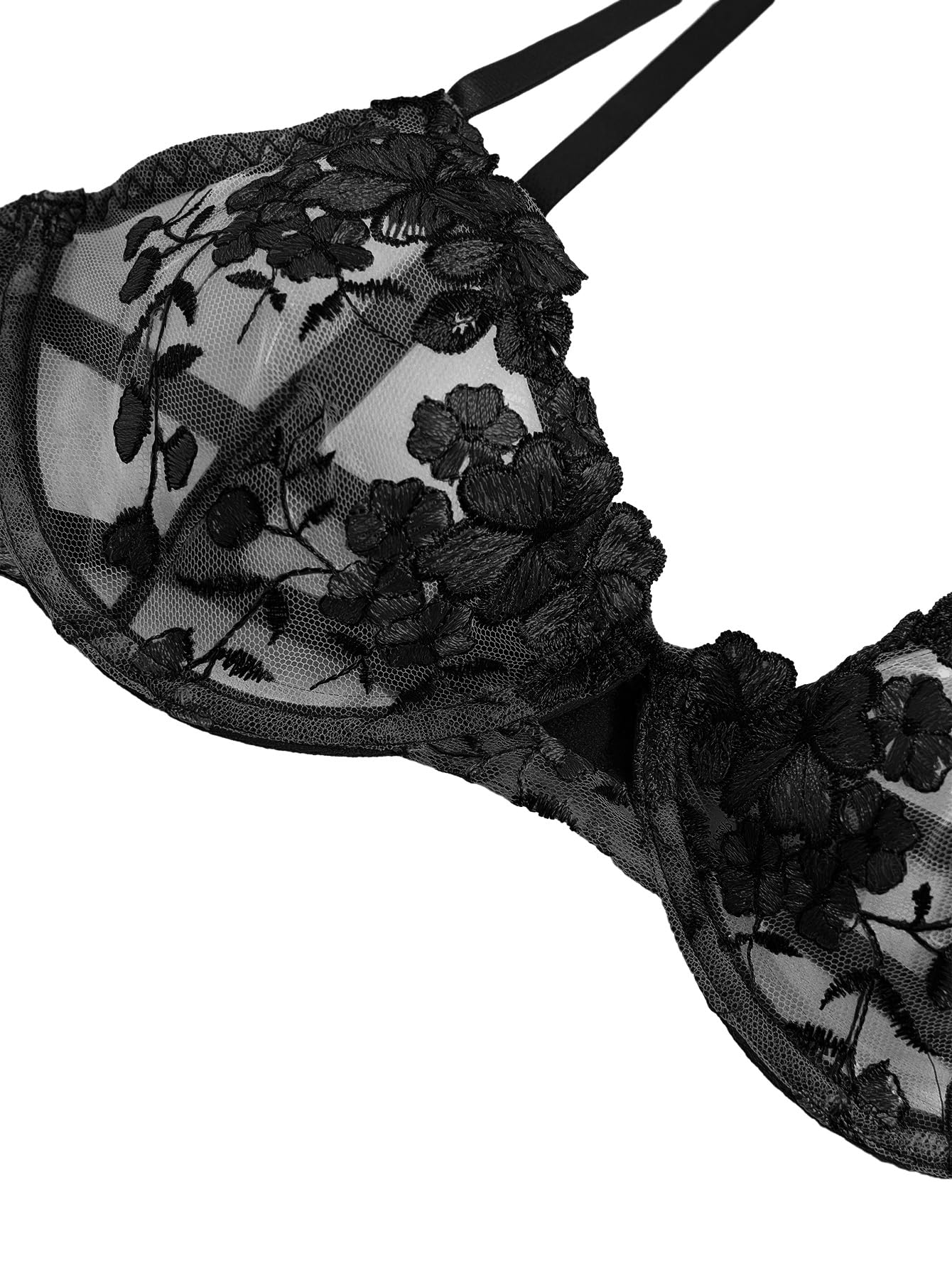 Lilosy Sexy Floral Embroidered Mesh Sheer Underwire Lingerie Set: Floral X-Small Floral Black