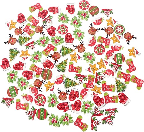 100 botones de madera de Navidad, botones de Navidad mixtos para manualidades con 2 agujeros, árbol de Navidad, reno, sombrero de Papá Noel, botón
