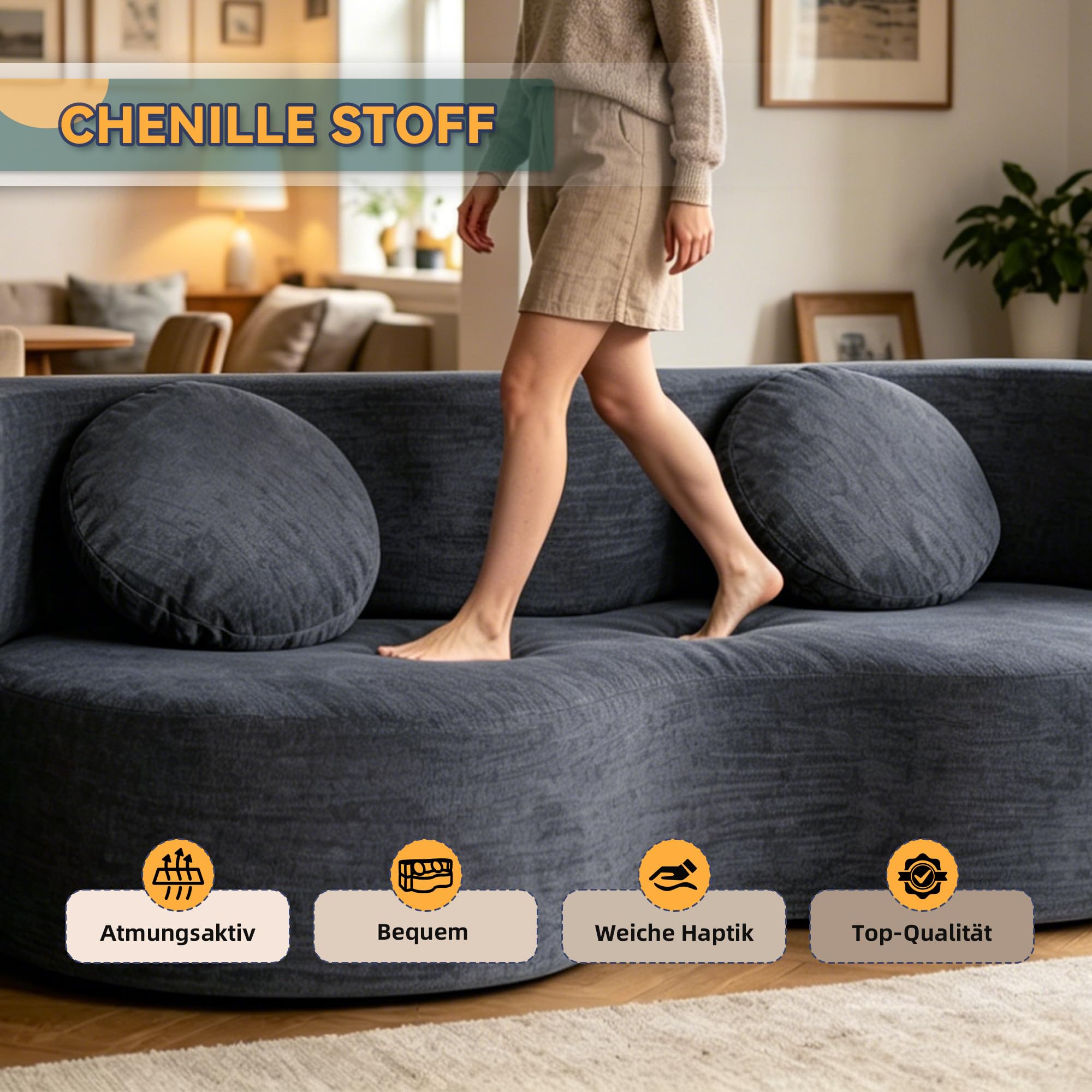 Schlafsofa 200cm Breit, Bodensofa Bed mit Pillow Back Support Armrest mit Kuscheliger Chenille-Stoff, 3-Sitzer Sofa mit Schlaffunktion für Wohnzimmer, Apartment, Schlafzimmer, Blaugrau