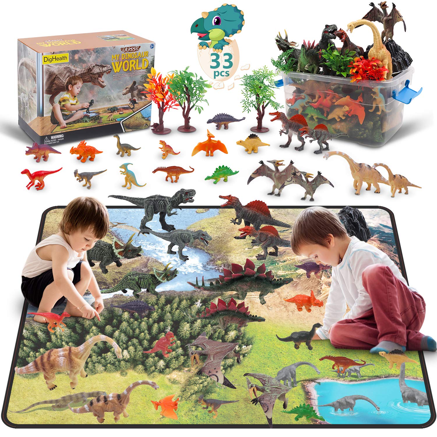 33 Pcs Dinosaur Toy Playset with Activity Play Mat, Realistic Dinosaur Figures, Trees, Rockery to Create a Dino World Including T-Rex, Triceratops, Pterosauria for Kids, Boys & Girls