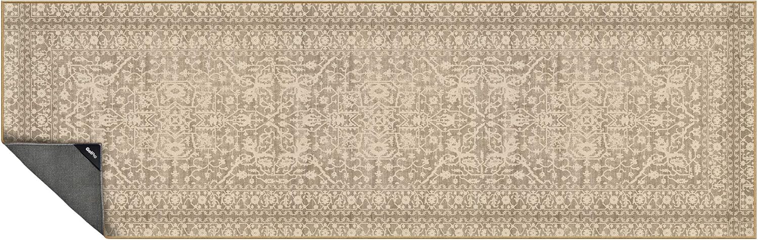 GelPro Nevermove Artisan Machine-Washable Chenille Textured Rug with GellyGrippers, 24" x 76" Kitchen, Khaki