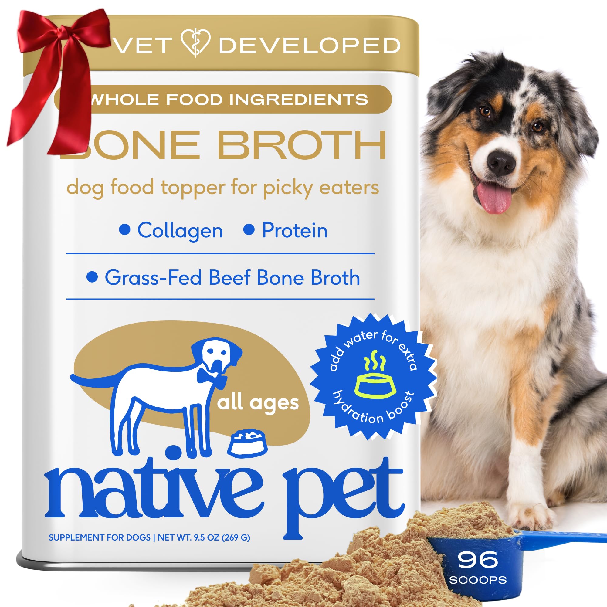 Native PetBone Broth for Dogs and Cats - Made with Real Beef Bone Broth, Dog Food Toppers for Picky Eaters - Provides Extra Hydration & Nutrition for Joint Strength, Immunity & Heart Health-96 Scoops