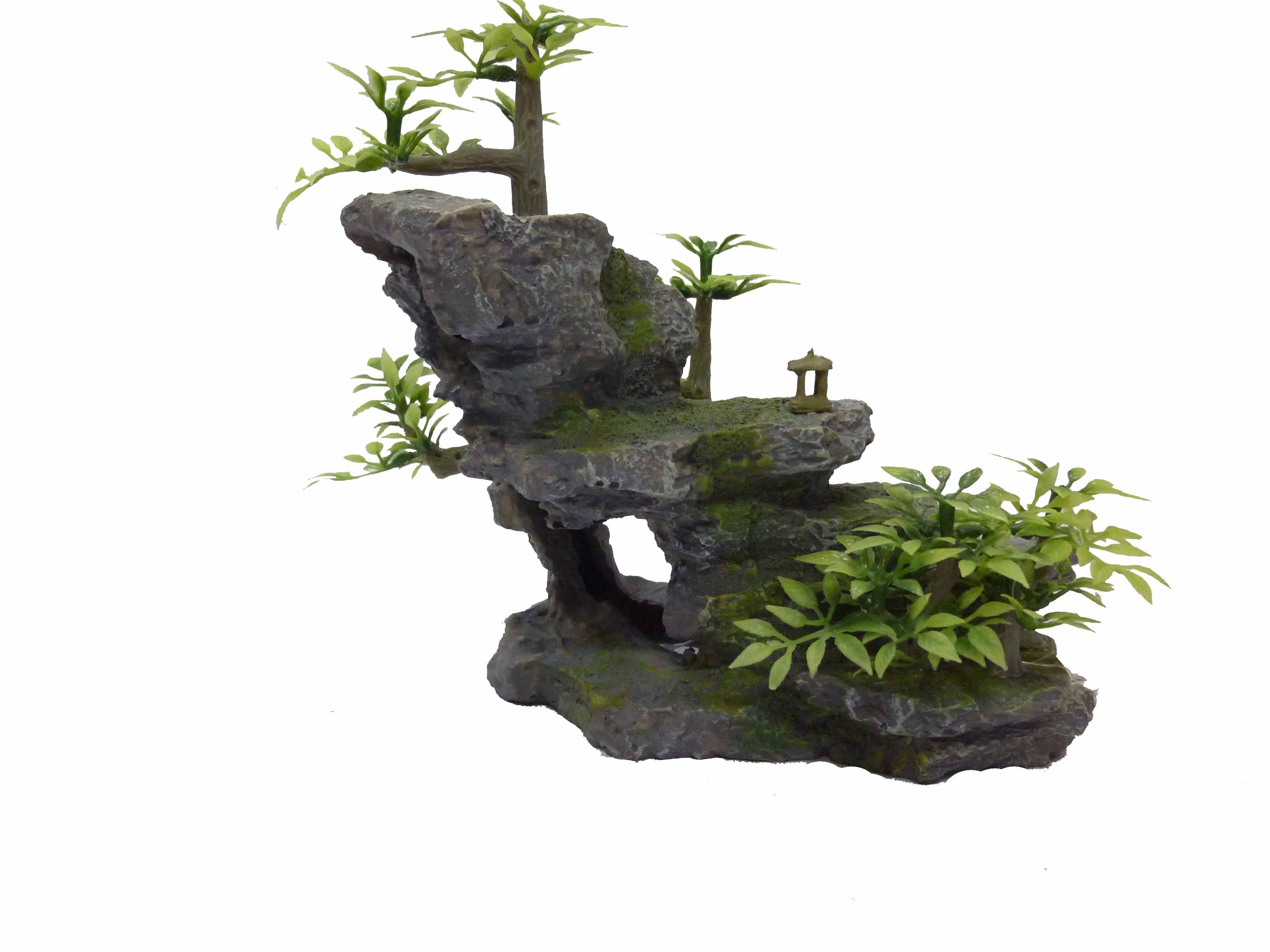 Sea Plants on Rock Aquarium Fish Tank Ornament 7 Inches Long, Artificial Rock Outcrop Stepped Ledge Decoration with Plastic Plants, Resin Terrarium &