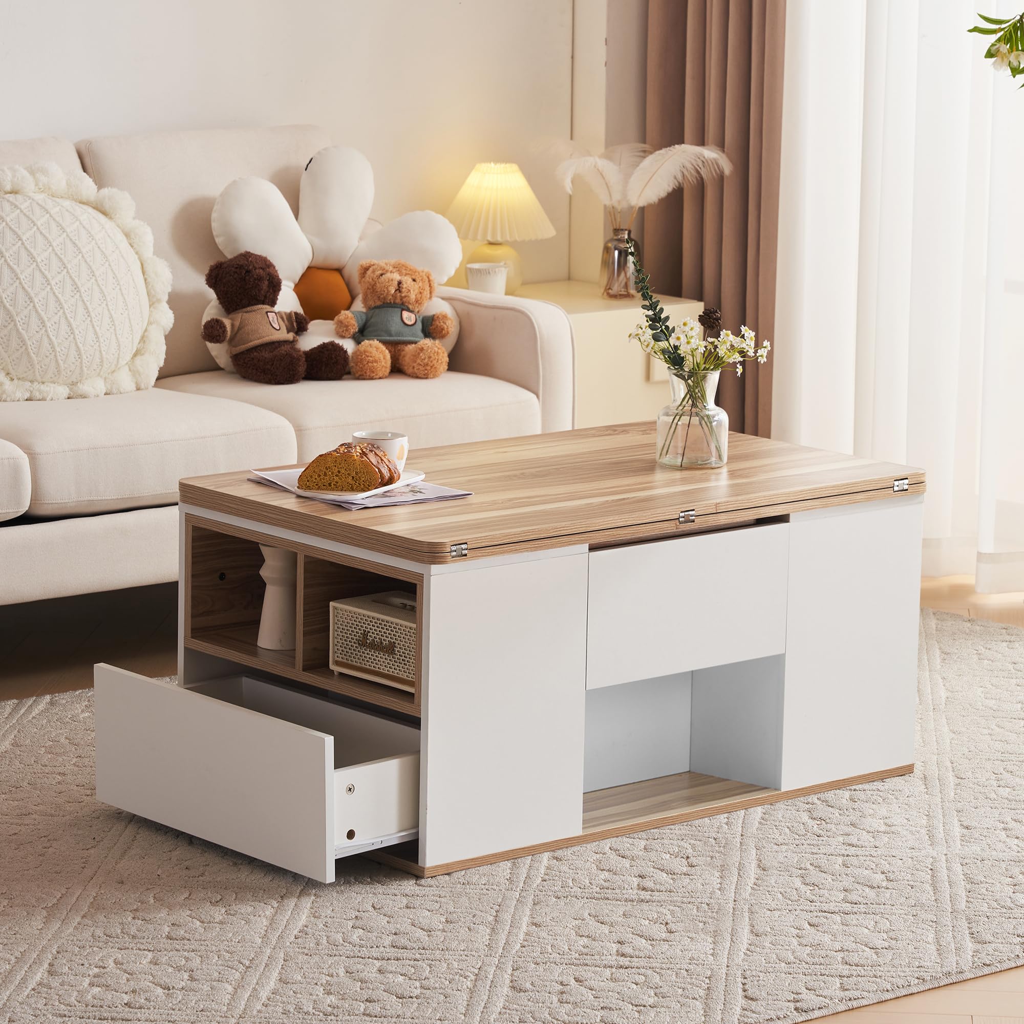 BTM Table Basse Relevable Multifonction, Plateau Devient 2, Blanc + Teinte Bois Originale, Grande Capacité, Mobilier Moderne, Bureau-Salle à Manger