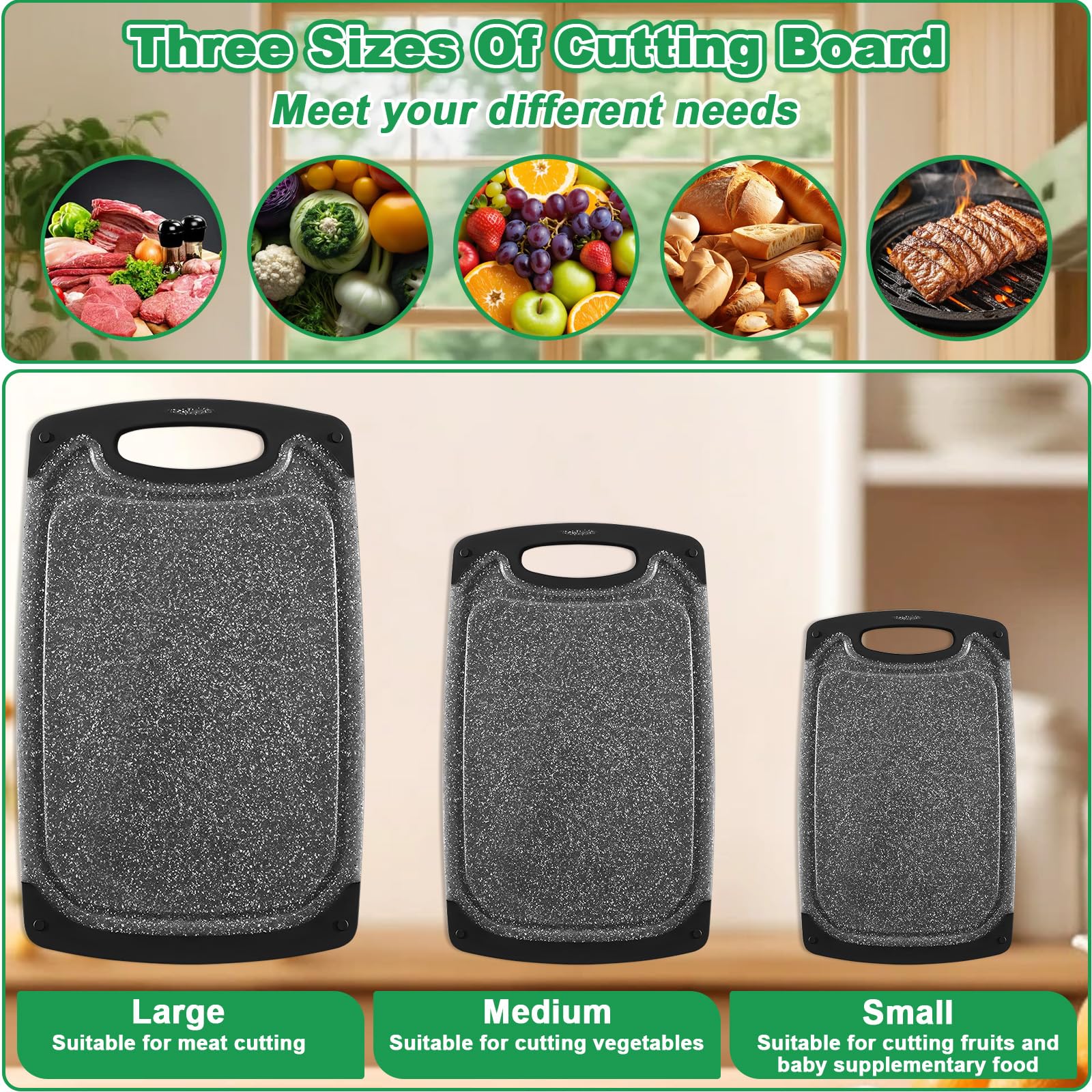 3 Piezas Tabla Cortar con Ranura Jugos, Tablas Corte para Lavavajillas, Tabla Cortar Antideslizante Plástico, Cutting Board Fáciles Limpiar, Accesorios Cocina para Verduras, Carne, Frutas (Negro)