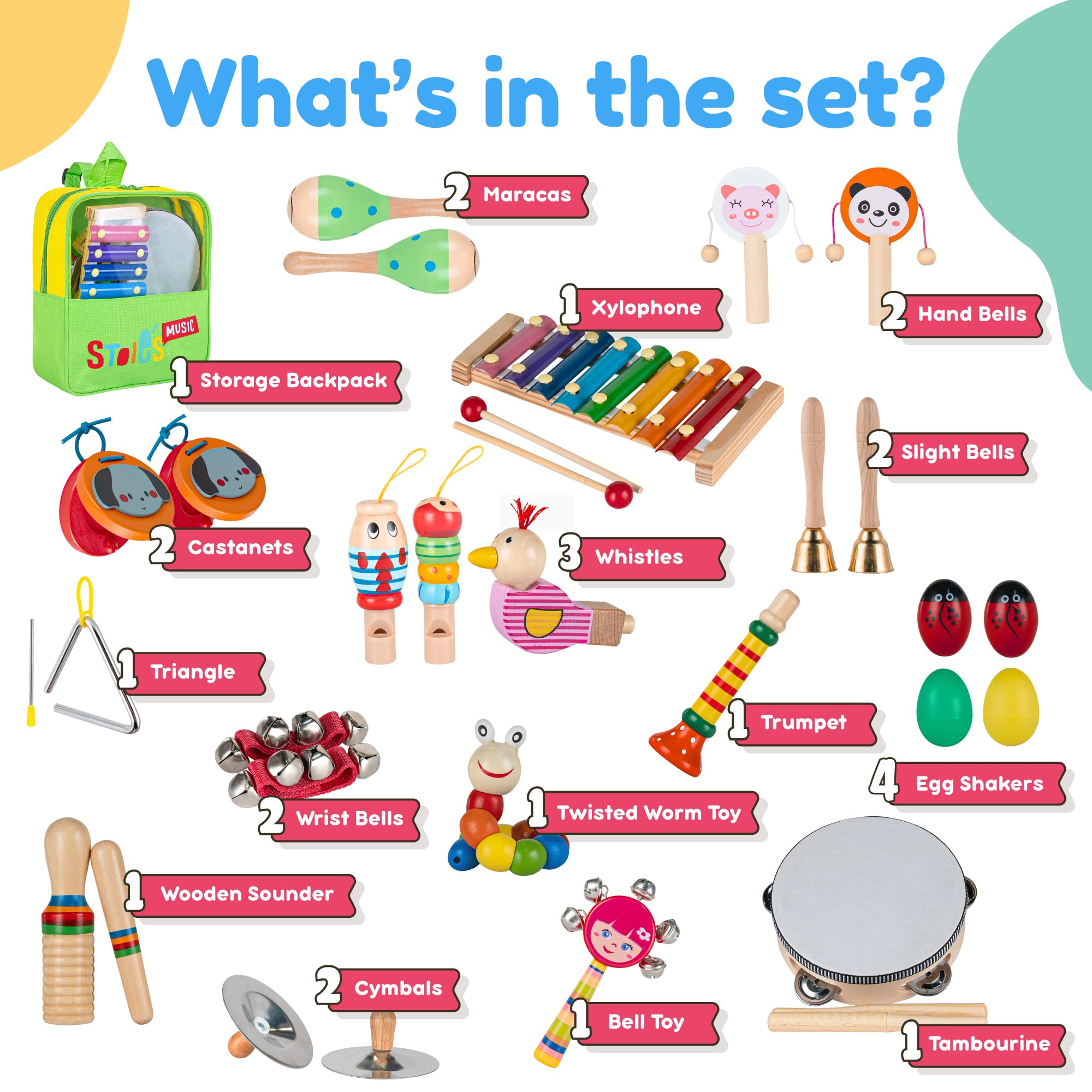 Stoie’s Strumenti Musicali per Bambini – 34 Strumenti a Percussione in Legno, con Xilofono, Tamburello, Maracas, Giocattoli Musicali Montessori per Bambini 3-5 Anni