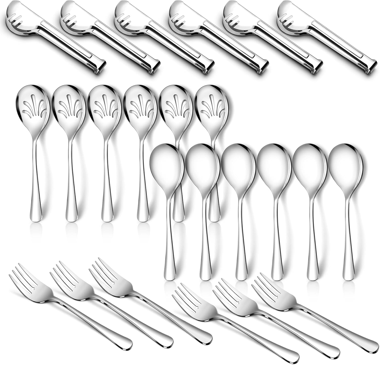 Teivio 24pc Silver Stainless Steel Serving Utensils – 10″ Serving Spoons, Slotted Spoons, Forks & 9.4″ Tongs