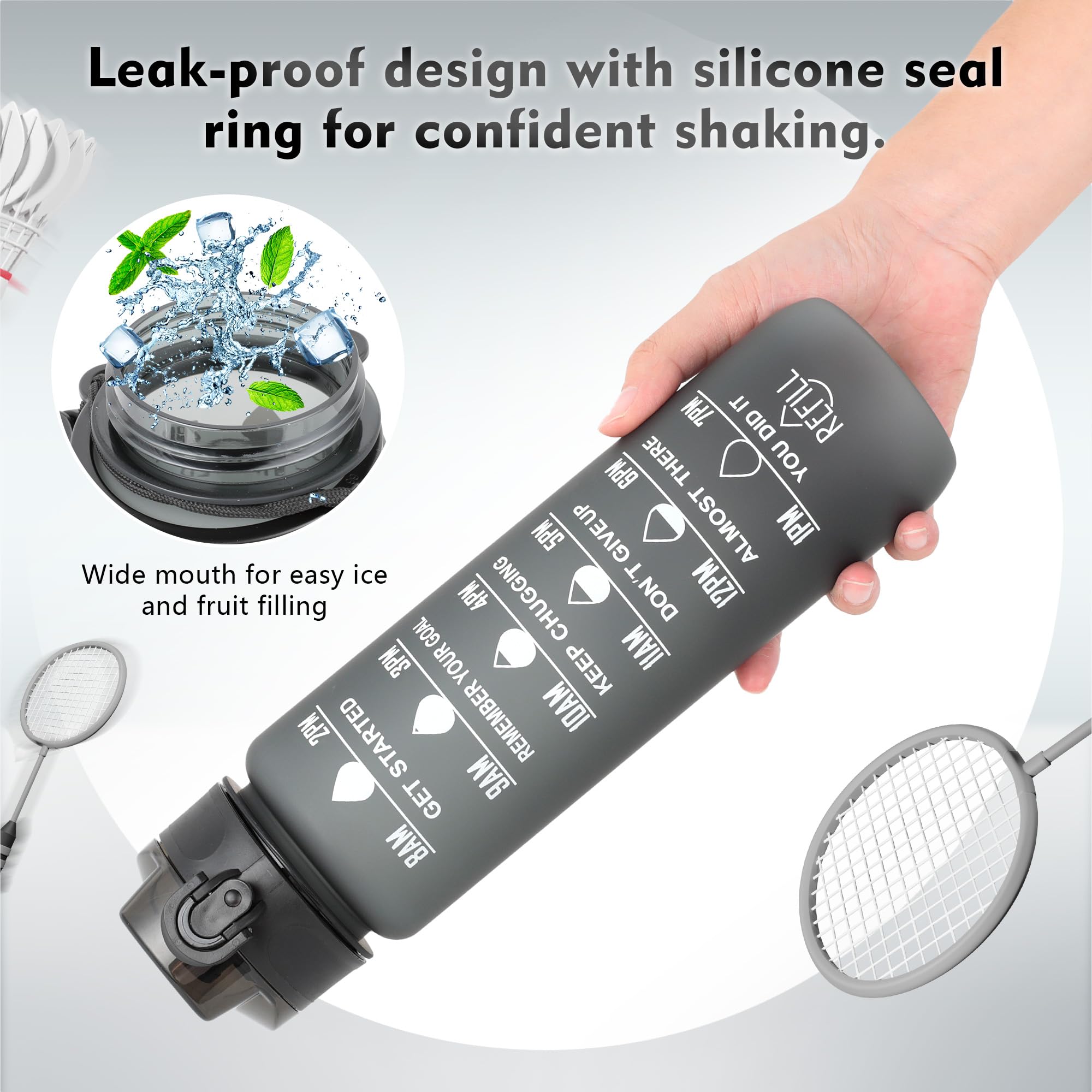 AiQInu Borraccia 1 Litro con Indicatore di Tempo e senza BPA, Aprova di Perdite, Chiusura Sicura, Cavo per Ombrello e Manico per il Trasporto Intrecciato per Palestra, Fitness e Outdoor