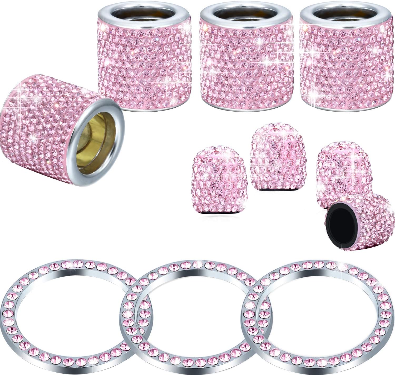 11 Pieces Crystal Bling Headrest Collar Rings Car Headrest Collar Ring Car Seat Rhinestone Decoration Valve Stem Caps Auto Engine Start Stop Decoration for Car Headrest Head Rest Collars (Pink)