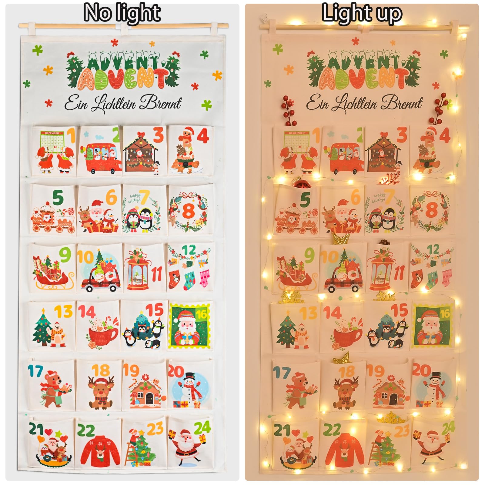 Adventskalender zum Befüllen Stoff mit 3M Lichtkette,120 * 60cm Adventskalender 2025 Selber Befüllen mit 24 Taschen,Wiederverwendbare Geschenke Weihnachten,Deko Wohnzimmer
